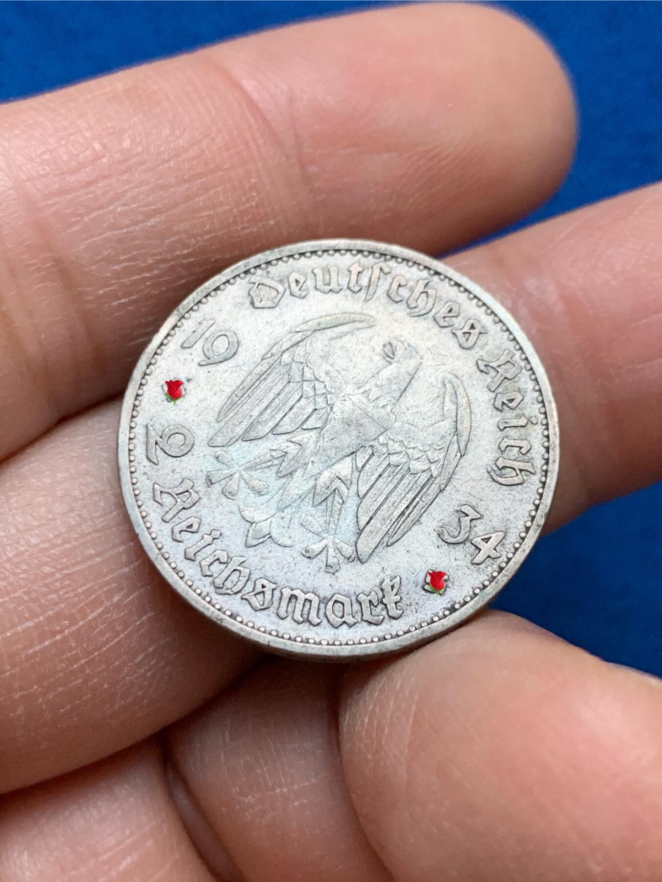 《竞宝斋》第445场 周日，周一，2场连拍 （全场包邮） 德国1934年教堂2马克银币 签字版