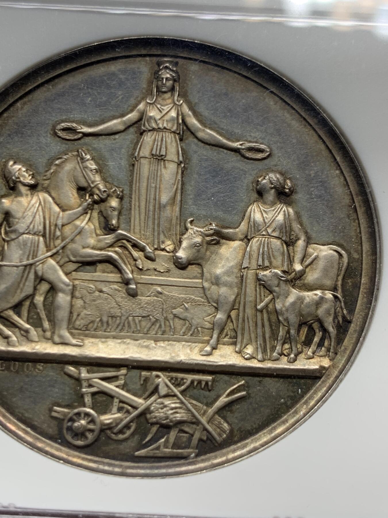 《竞宝斋》第445场 周日，周一，2场连拍 （全场包邮） NGC MS63 德国19世纪农业服务银章 LOOS作品 42mm 极美细节