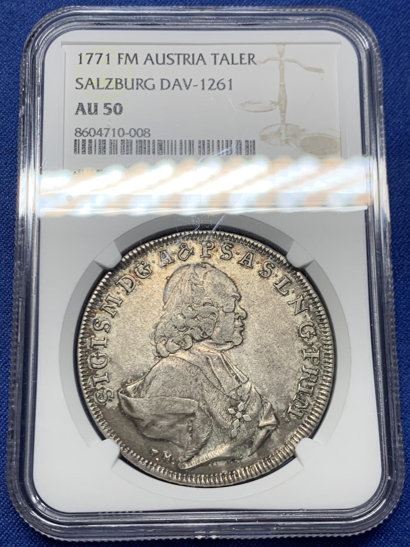《竞宝斋》第445场 周日，周一，2场连拍 （全场包邮） NGC AU50 奥地利帝国 萨尔茨堡 1771年 齐格蒙德三世 泰勒大银币 自然包浆 原味好品 末年版本相对少见不少