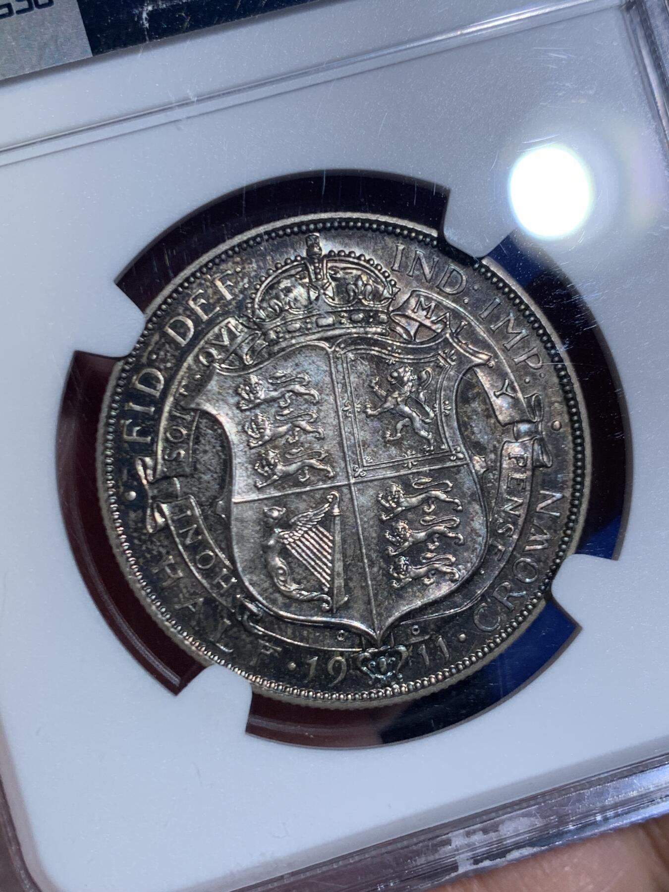 《竞宝斋》第445场 周日，周一，2场连拍 （全场包邮） NGC PF65 英国 1911年 乔治五世 精制半克朗 乔治五世登基首年最大面值 双面五彩包浆 高分难得