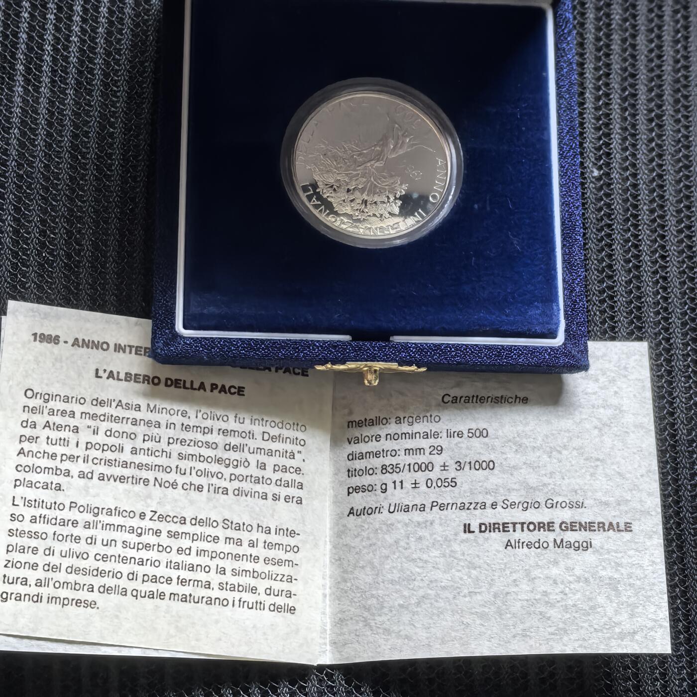 道一币馆币章第一百五十八场 原盒证 意大利1986年国际和平年500里拉精制银币  19000