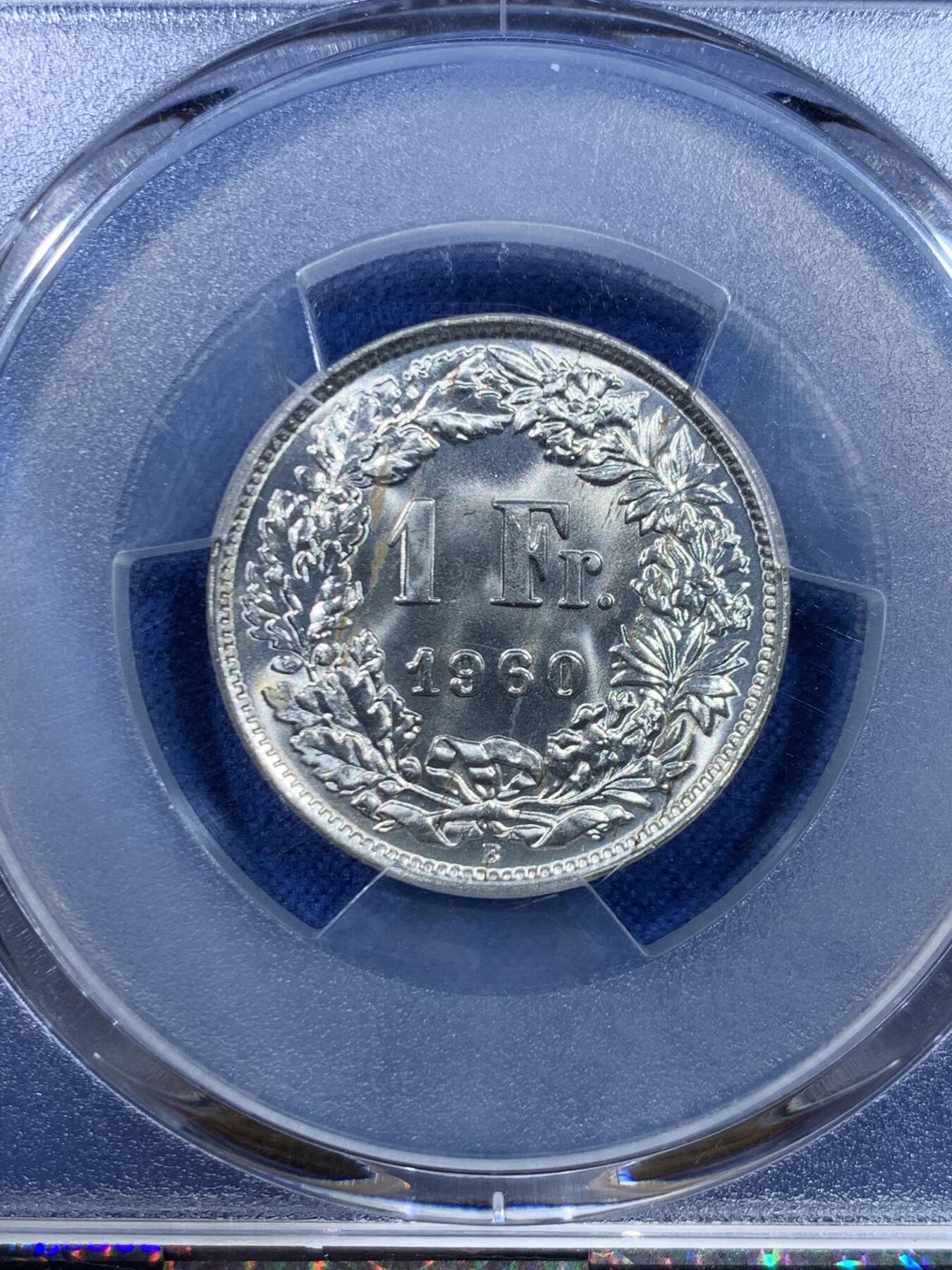 《竞宝斋》第445场 周日，周一，2场连拍 （全场包邮） PCGS MS66 瑞士联邦1960年女神持盾1法郎 银霜转光 GEM级 季军分