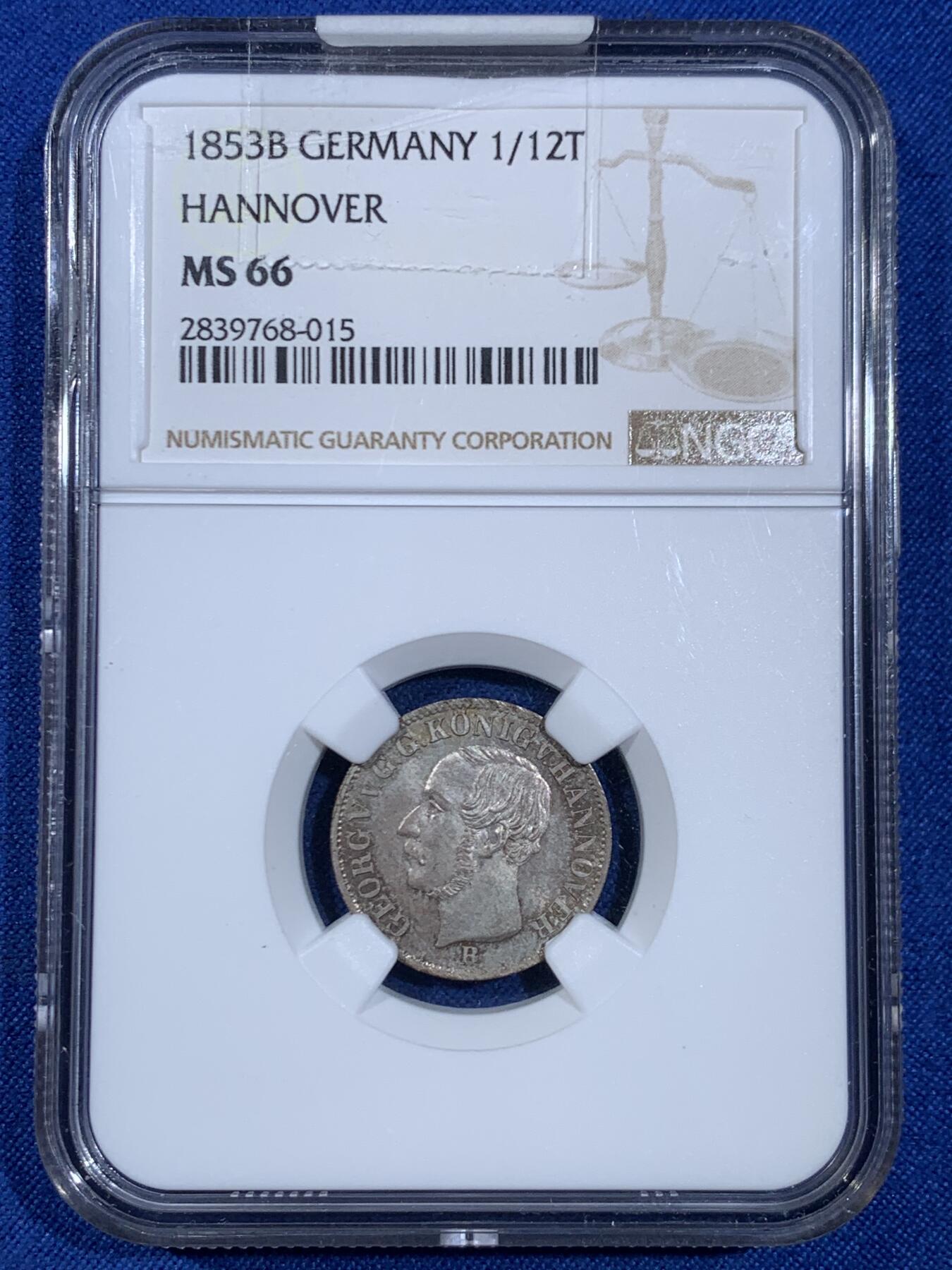《竞宝斋》第445场 周日，周一，2场连拍 （全场包邮） NGC MS66 德国 1853B 汉诺威 1/12泰勒银币 不多见的辅币分数