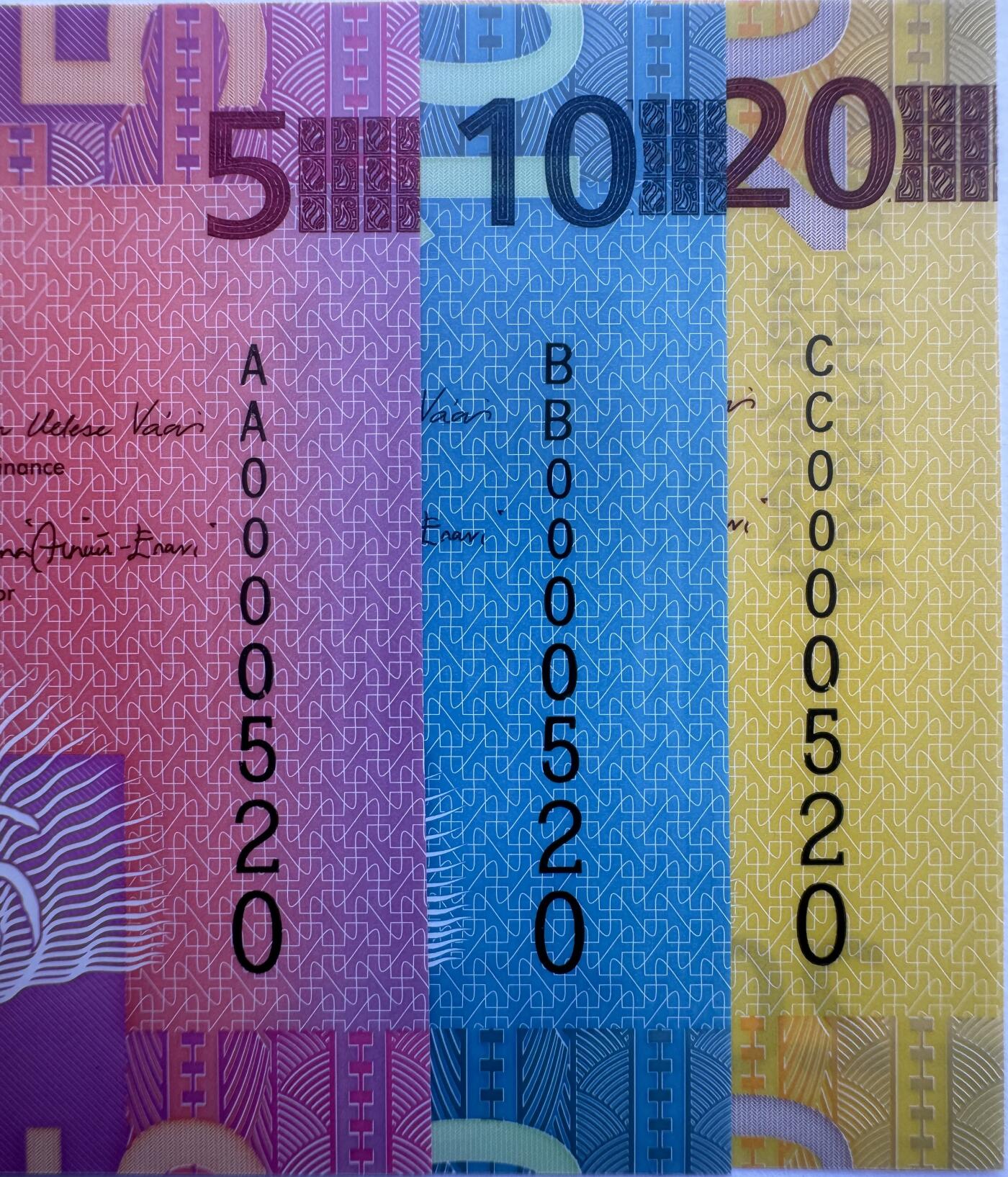 2025第25场（总第225期）：精品测试钞、塑料钞、纪念券、外钞综合场 首发百位爱情号0000520 萨摩亚2023年版5、10、20塔拉塑料钞一组3枚UNC