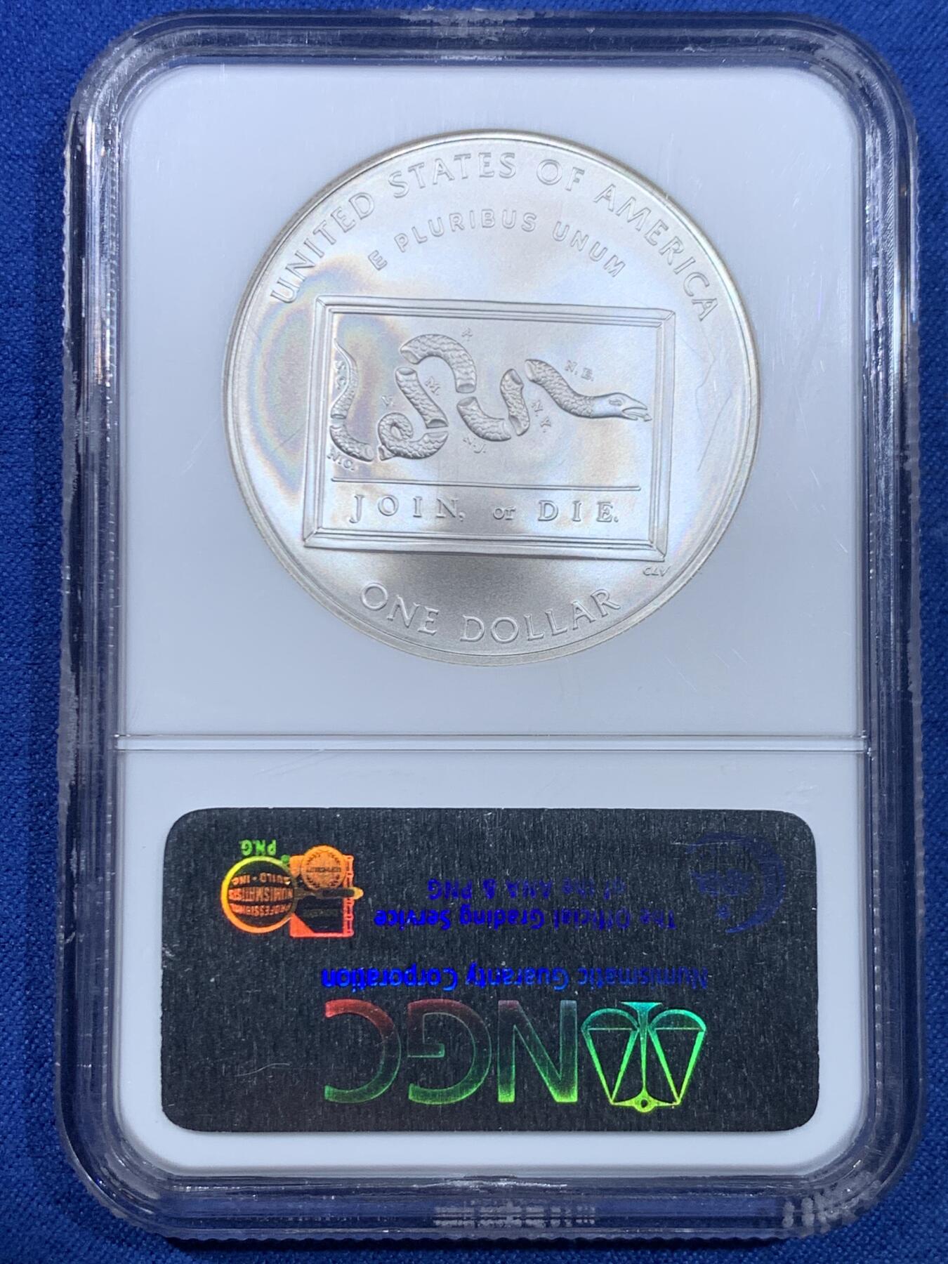 《竞宝斋》第445场 周日，周一，2场连拍 （全场包邮） NGC MS70 美国2006年P版科学家富兰克林1美元大银币 满分 早期N盒 但是接缝处感觉怪怪的 介意勿拍 细节见图