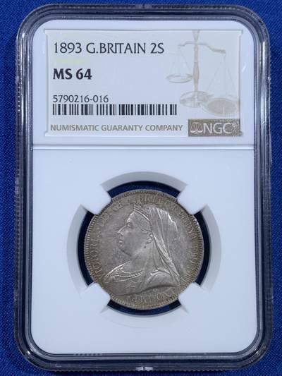 《竞宝斋》第445场 周日，周一，2场连拍 （全场包邮） - NGC MS64 英国 1893年 维多利亚披纱2先令 (1福林) 银币，灰金彩，底板丝滑，非常好的状态。英系经典，收藏级品质