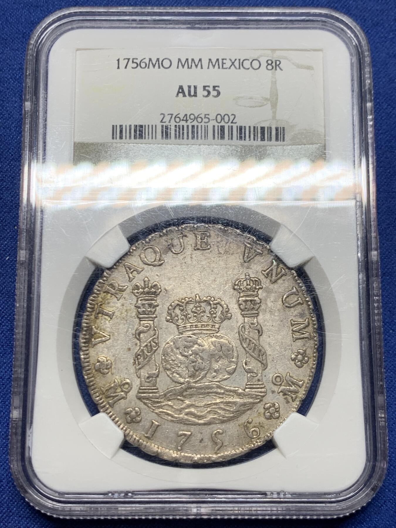 《竞宝斋》第445场 周日，周一，2场连拍 （全场包邮） NGC AU55 墨西哥1756年费尔南多六世地球双柱8R银币（细节打制很好，老盒严选，不可多得的藏品）