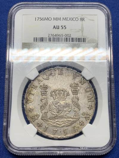 《竞宝斋》第445场 周日，周一，2场连拍 （全场包邮） - NGC AU55 墨西哥1756年费尔南多六世地球双柱8R银币（细节打制很好，老盒严选，不可多得的藏品）