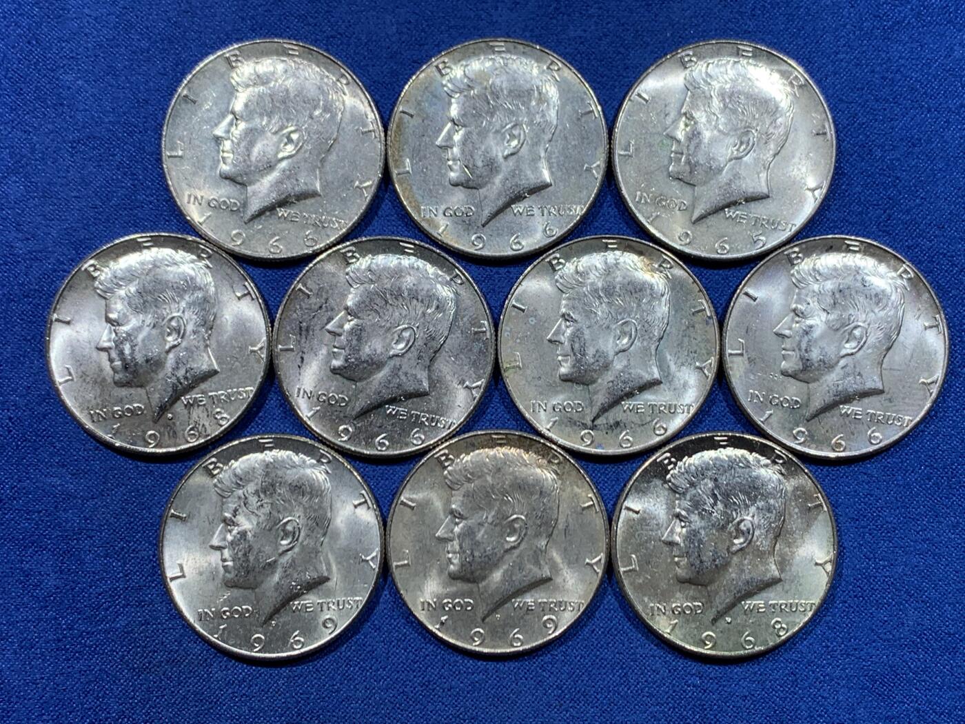 《竞宝斋》第445场 周日，周一，2场连拍 （全场包邮） 十枚一组 美国1965-1969年肯尼迪半美元银币 总重约114.85克