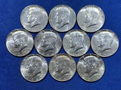 《竞宝斋》第445场 周日，周一，2场连拍 （全场包邮） - 十枚一组 美国1965-1969年肯尼迪半美元银币 总重约114.85克