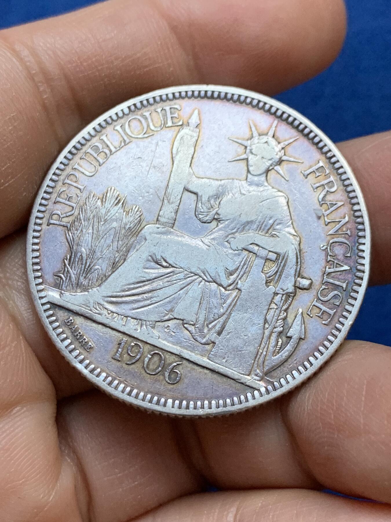 《竞宝斋》第445场 周日，周一，2场连拍 （全场包邮） 法属印支1906年坐洋1皮阿斯特银币