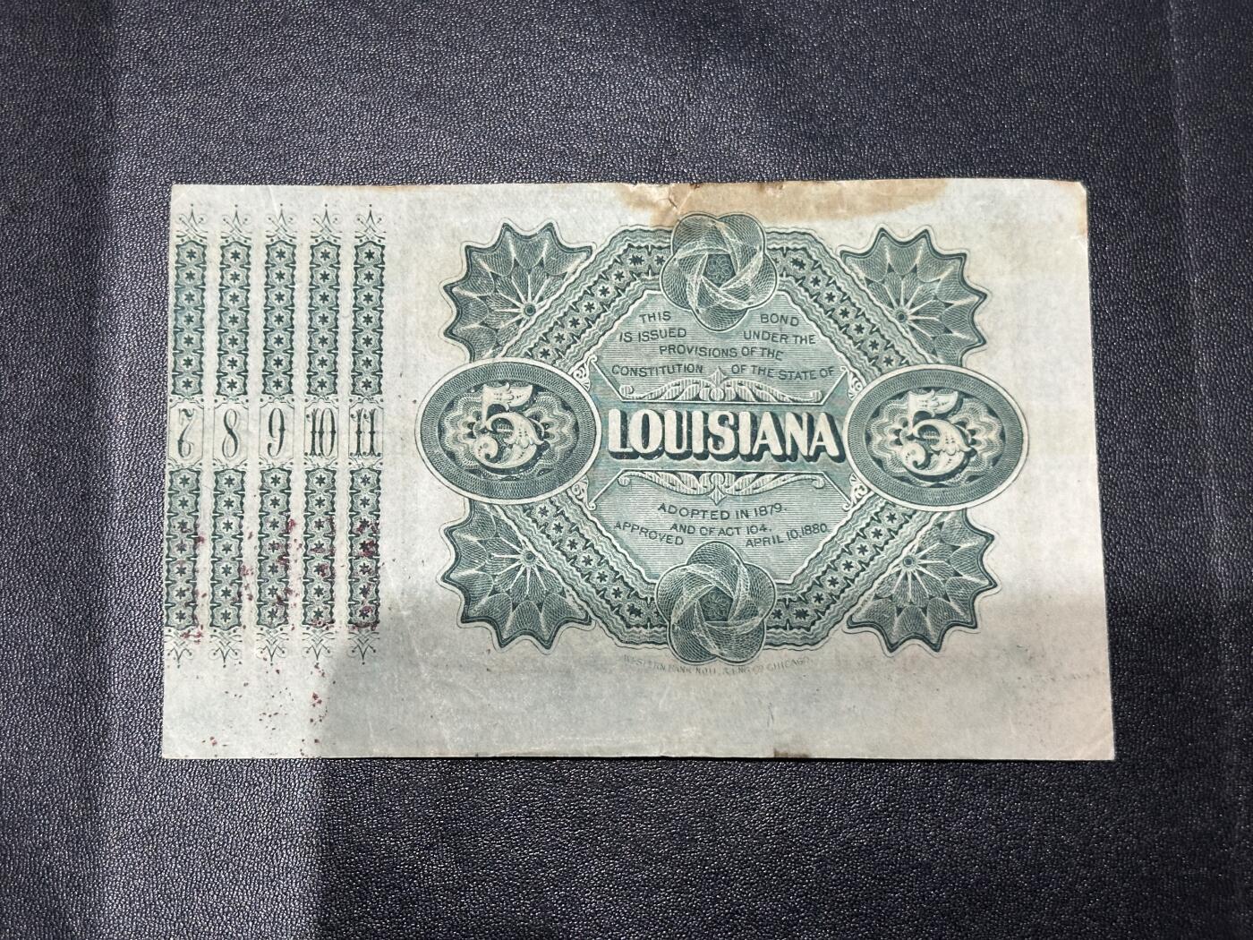 《外钞收藏家》第五百九十二期（精选场）（本平台长期征集拍品、欢迎藏友们联系合作） 1886年路易斯安那州5美元 非全新 品相如图