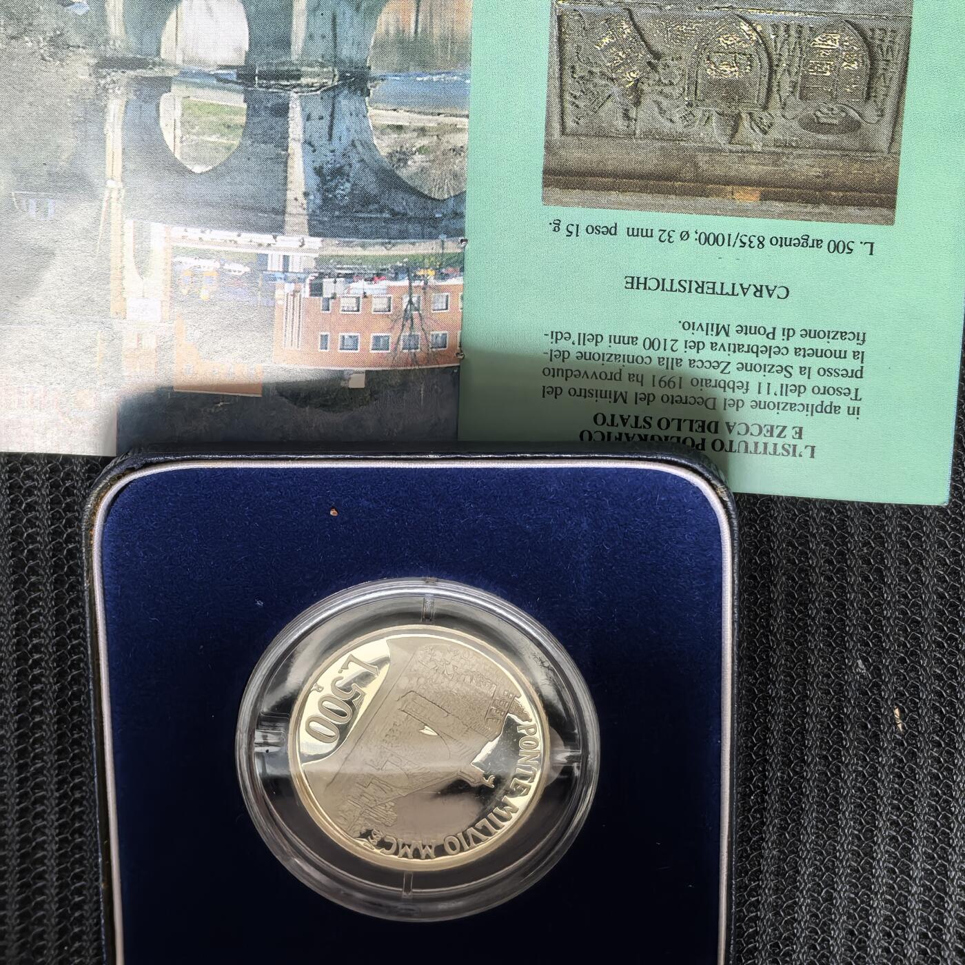 道一币馆币章第一百五十八场 原盒证 意大利1991年米尔维奥桥500里拉精制银币  13500
