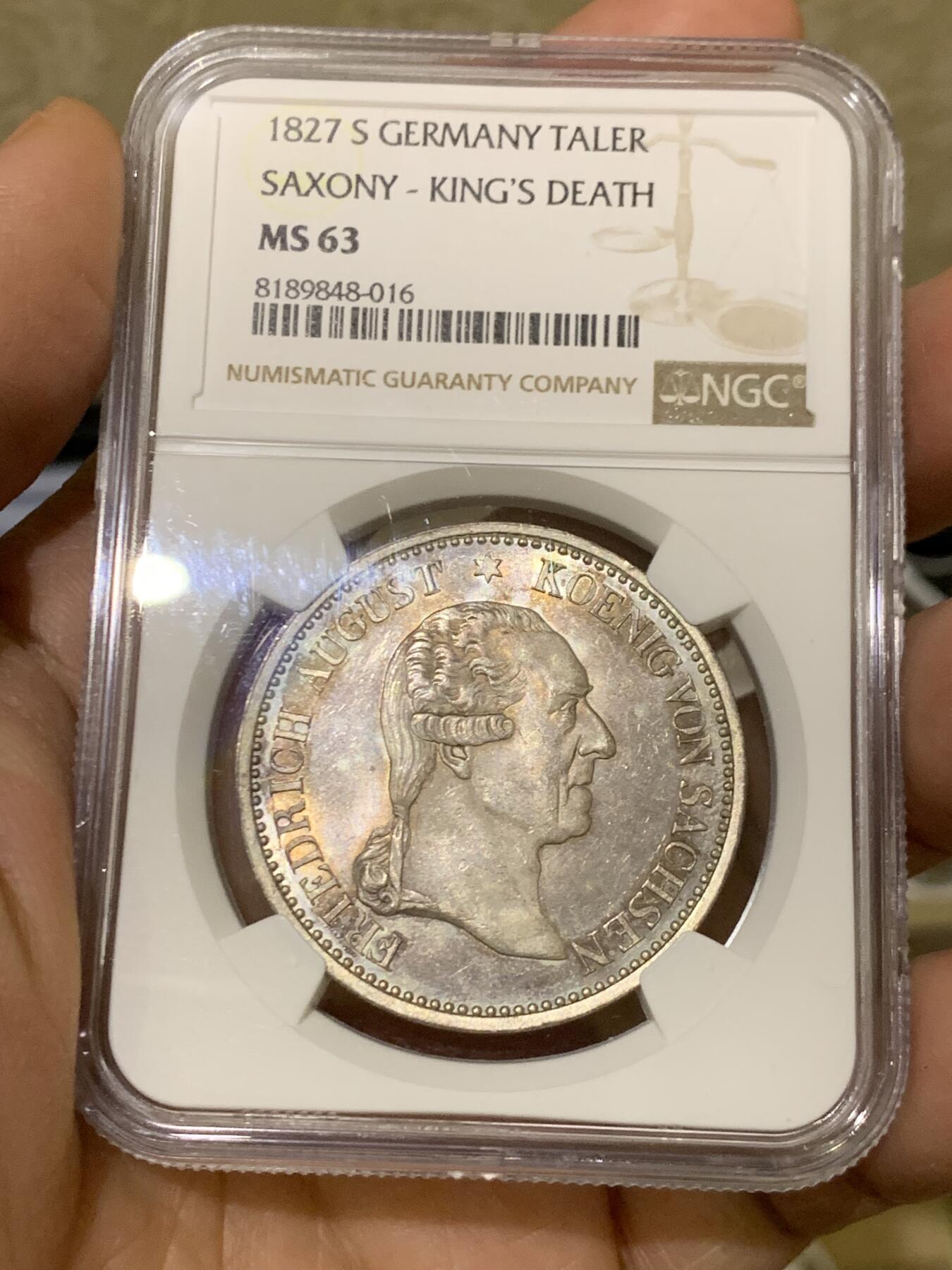 《竞宝斋》第445场 周日，周一，2场连拍 （全场包邮） NGC MS63 德国 1827年 德国萨克森国王之死 纪念泰勒大银币 PL底板 观感极好