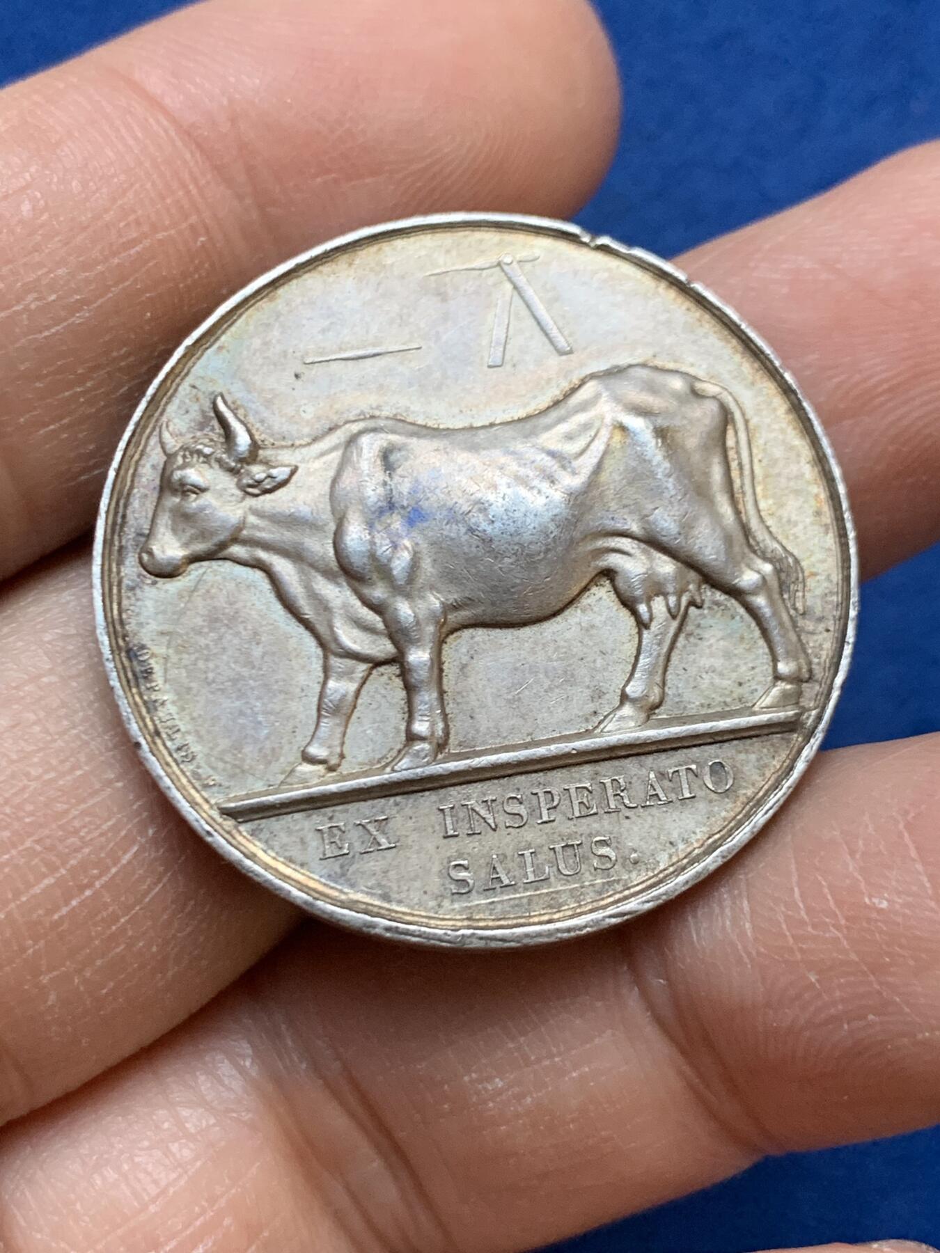 《竞宝斋》第445场 周日，周一，2场连拍 （全场包邮） 法国巴黎疫苗接种银质代币 神灯边铭 13.05克 32.3mm