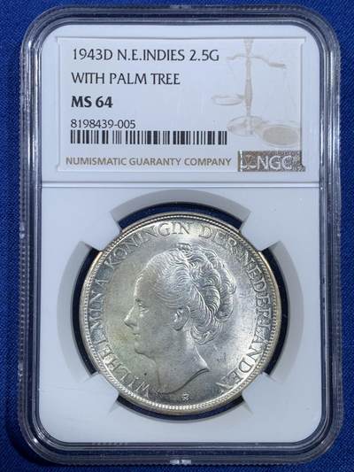 《竞宝斋》第445场 周日，周一，2场连拍 （全场包邮） - NGC MS64 荷属东印度1943年2.5盾大银币
