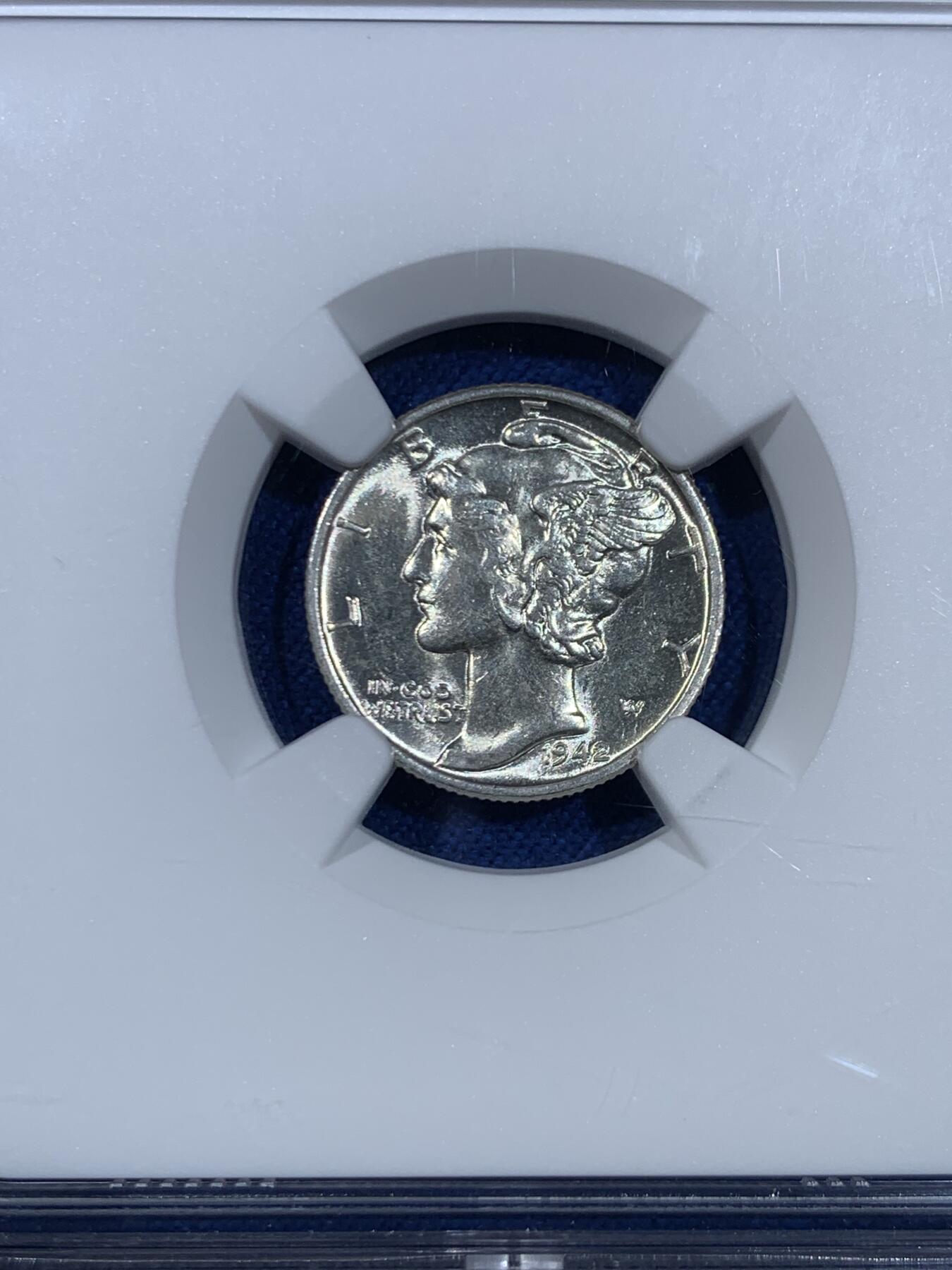 《竞宝斋》第445场 周日，周一，2场连拍 （全场包邮） NGC MS63 美国1942年小飞人10分银币，原光品相，正面经典墨丘利图案，背面法西斯束棒，是兼具美观和收藏的高性价比品种