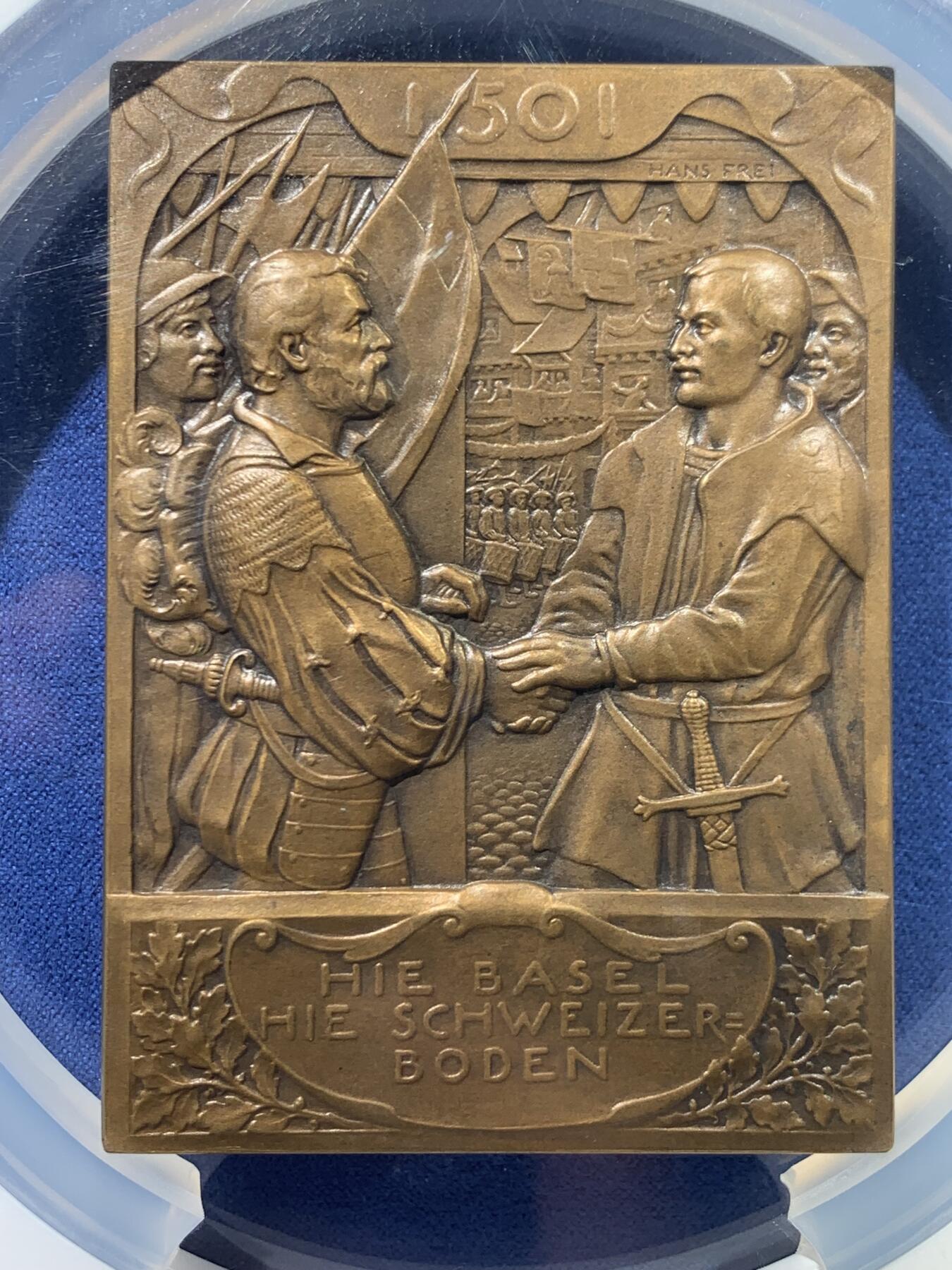 《竞宝斋》第445场 周日，周一，2场连拍 （全场包邮） 唯一冠军分 NGC MS65BN 瑞士1901年巴塞尔纪念加入瑞士联邦400周年方形大铜章 37X50MM 少见瑞士方形大规格纪念铜章 超大加厚盒