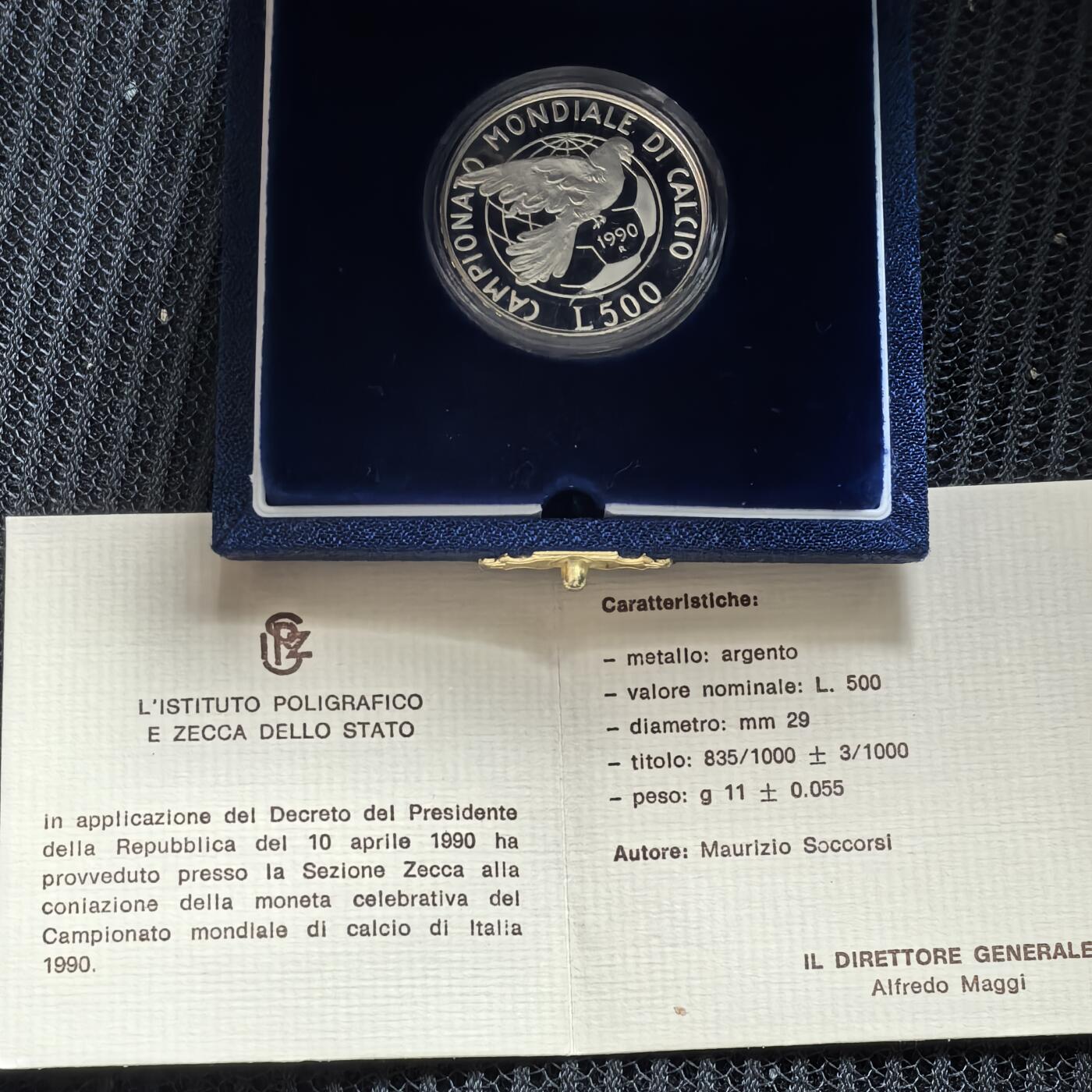 道一币馆币章第一百五十八场 原盒证 意大利1990年意大利世界杯500里拉精制银币 24500
