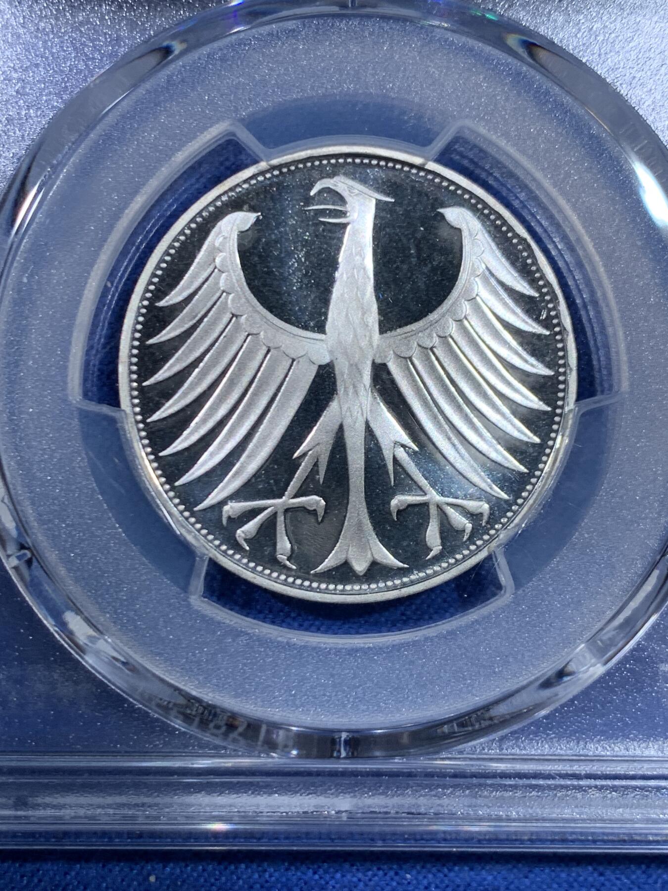 《竞宝斋》第445场 周日，周一，2场连拍 （全场包邮） 冠军分 PCGS RP68DCAM 德国 1972年 无毛鹰 流通5马克 精制银币 少见品种