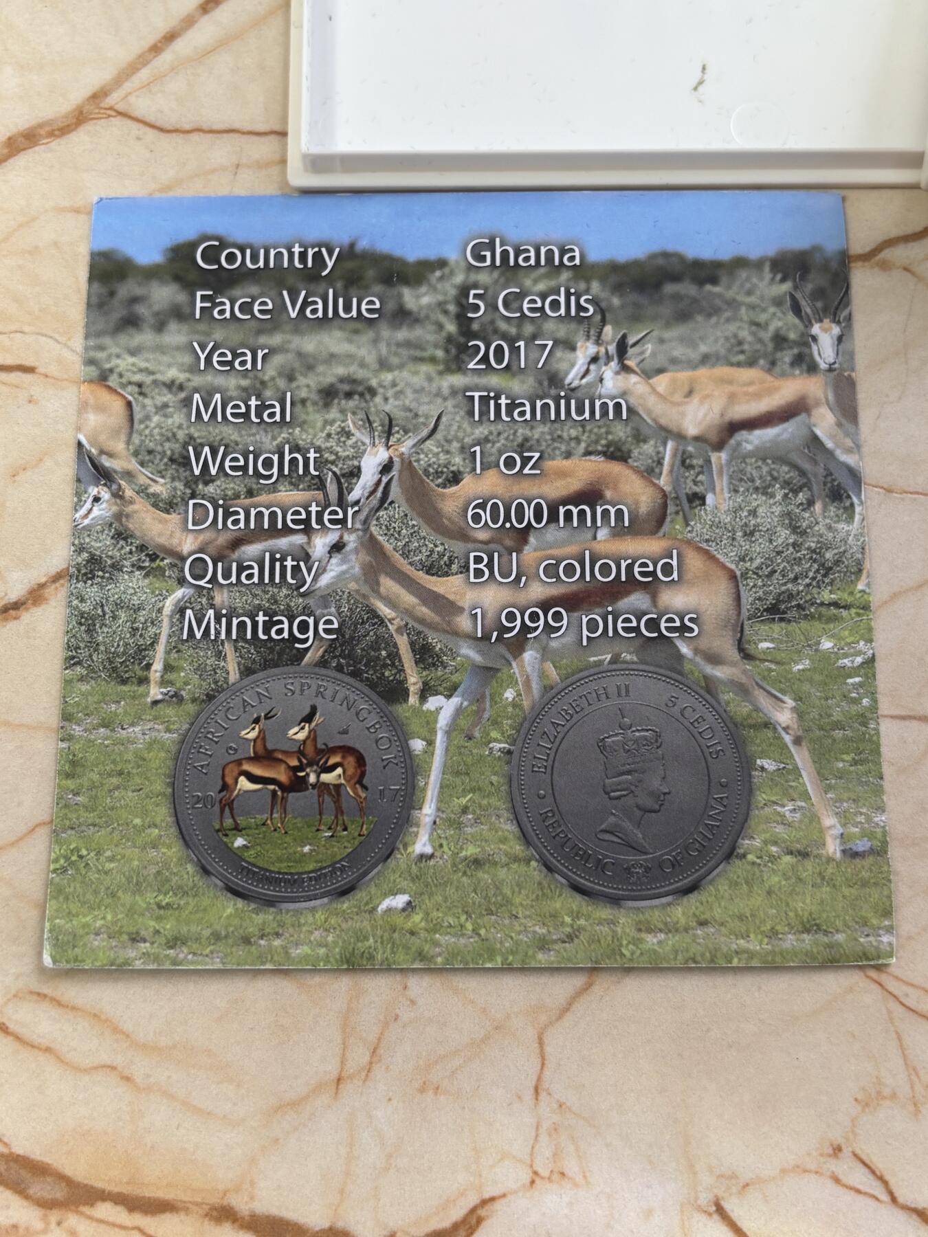 第185期拍卖 加纳2017非洲动物跳羚羊1盎司60毫米纪念彩钛币，发行1999枚