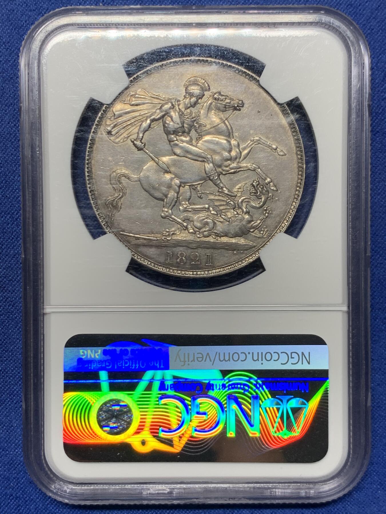 《竞宝斋》第445场 周日，周一，2场连拍 （全场包邮） NGC AU58 英国1821年乔治四世马剑克朗银币（底板光洁，包浆醇厚，少见的MS级表现）细节见图