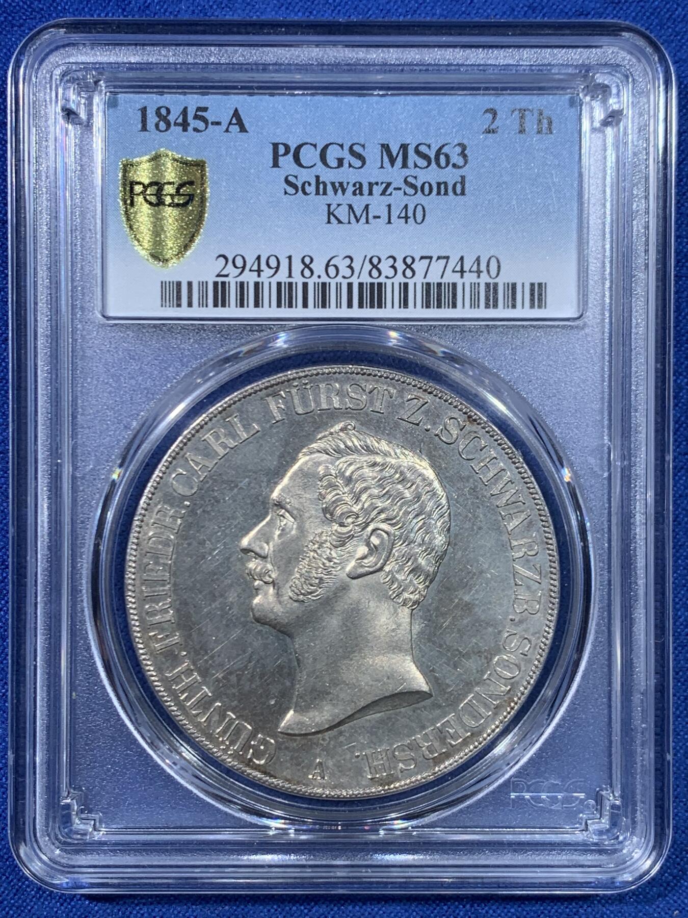 《竞宝斋》第445场 周日，周一，2场连拍 （全场包邮） PCGS MS63 德国施瓦茨堡1845年弗里德里希·卡尔二世2泰勒大银币 亚军分 更高分仅一枚