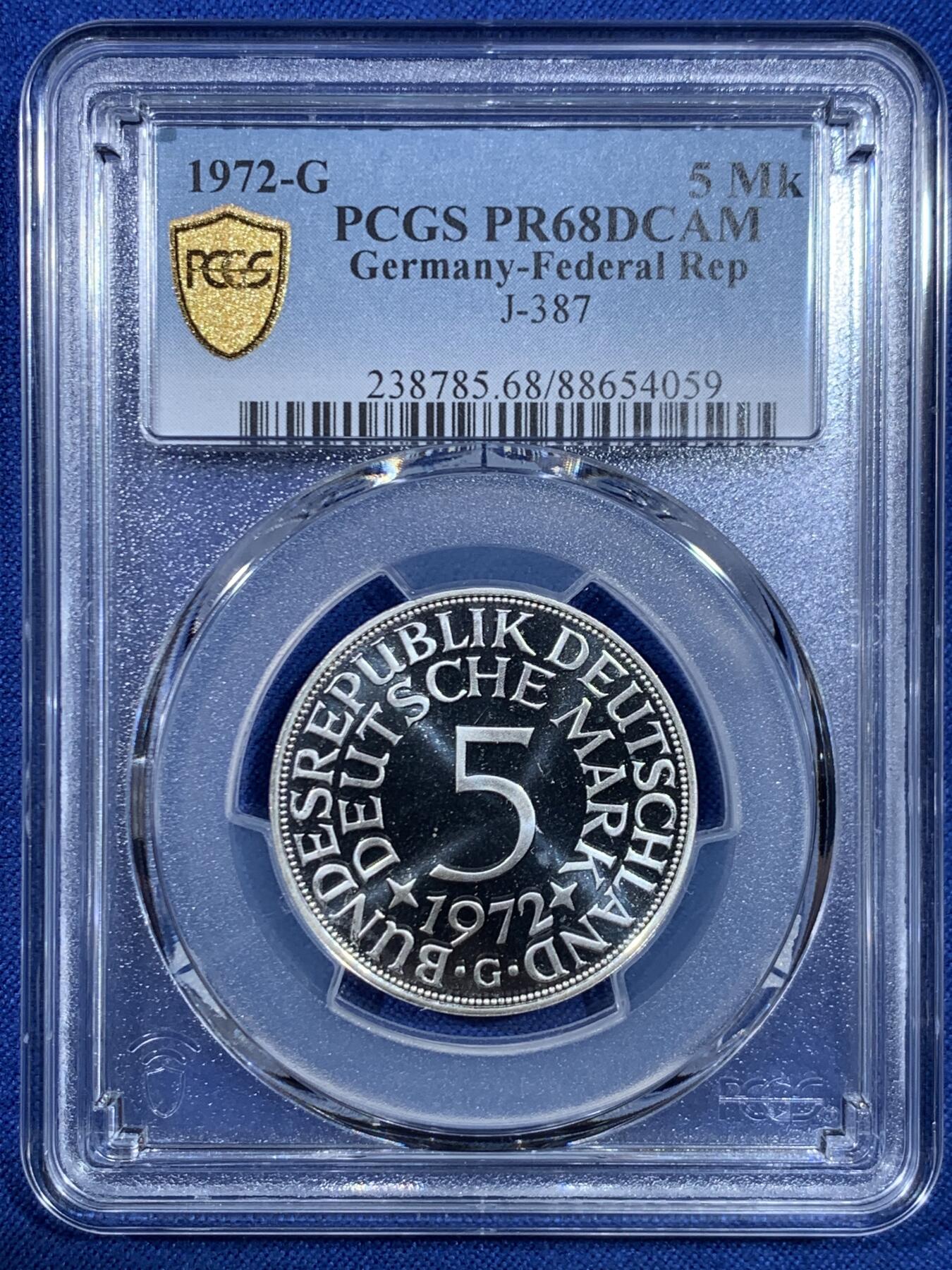 《竞宝斋》第445场 周日，周一，2场连拍 （全场包邮） 冠军分 PCGS RP68DCAM 德国 1972年 无毛鹰 流通5马克 精制银币 少见品种