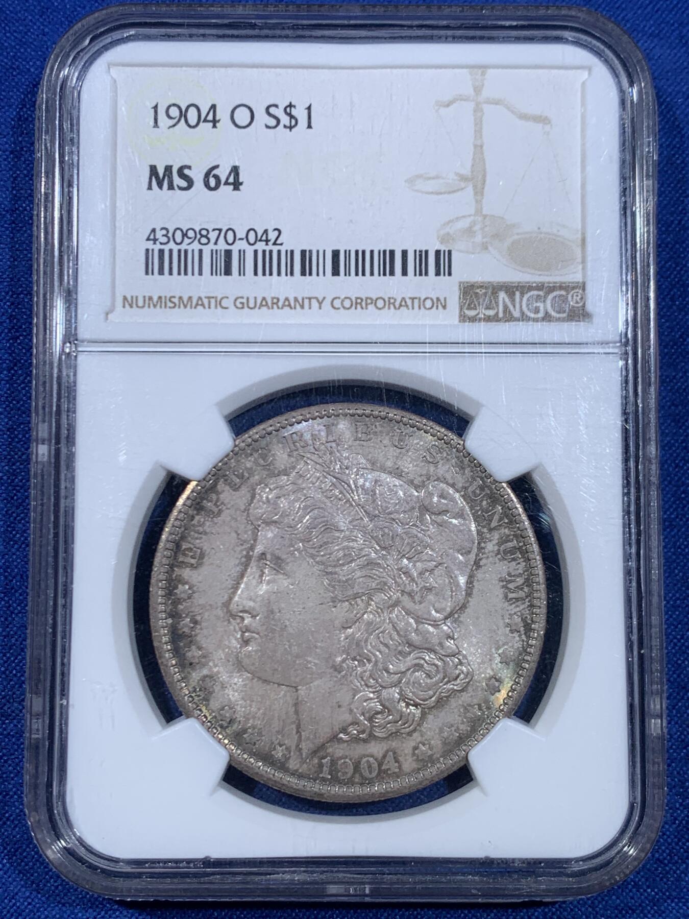 《竞宝斋》第445场 周日，周一，2场连拍 （全场包邮） NGC MS64 美国1904年O版摩根银币 相对少见年份 均匀烟灰包浆