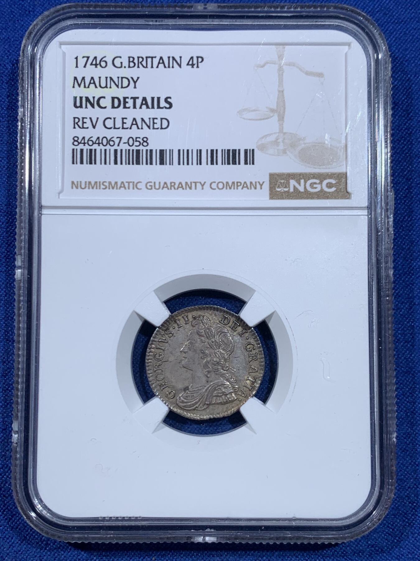 《竞宝斋》第445场 周日，周一，2场连拍 （全场包邮） 四枚一组 NGC AU55/MS63/MS62/UNCD 英国1746年乔治二世1/2/3/4便士银币 2便士盒子右下角有磕