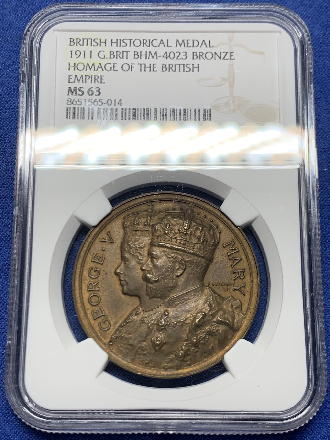 《竞宝斋》第445场 周日，周一，2场连拍 （全场包邮） NGC MS63 英国1911年乔治五世加冕纪念铜章