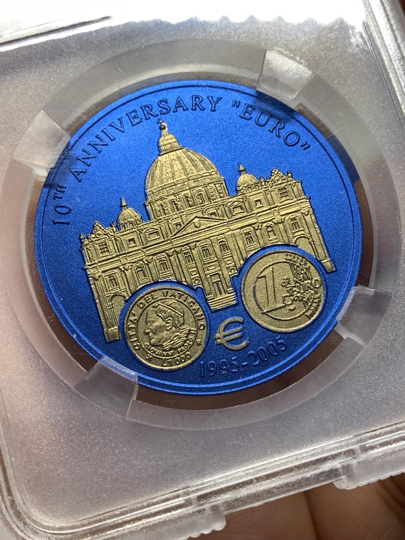 《竞宝斋》第446场 周日，周一，2场连拍 （全场包邮） TQG MS70 利比里亚2005年5元蓝铌币 欧元10周年纪念-梵蒂冈 7.78克 发行量：1万