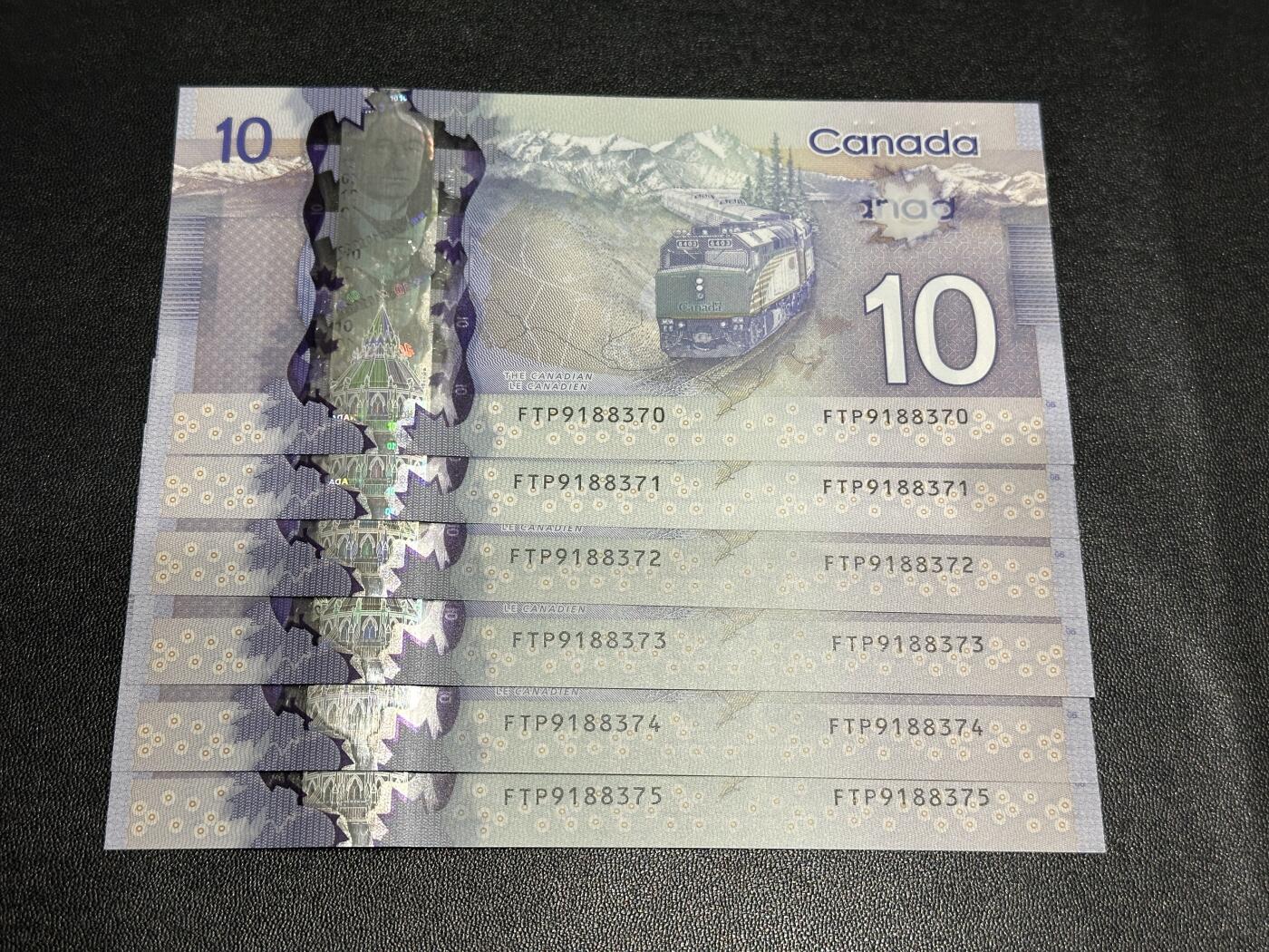 《外钞收藏家》第五百九十二期（精选场）（本平台长期征集拍品、欢迎藏友们联系合作） 加拿大上一版本10元塑料钞6张连号横版（大部分无4）	UNC