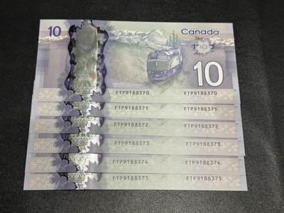 《外钞收藏家》第五百九十二期（精选场）（本平台长期征集拍品、欢迎藏友们联系合作） - 加拿大上一版本10元塑料钞6张连号横版（大部分无4）	UNC