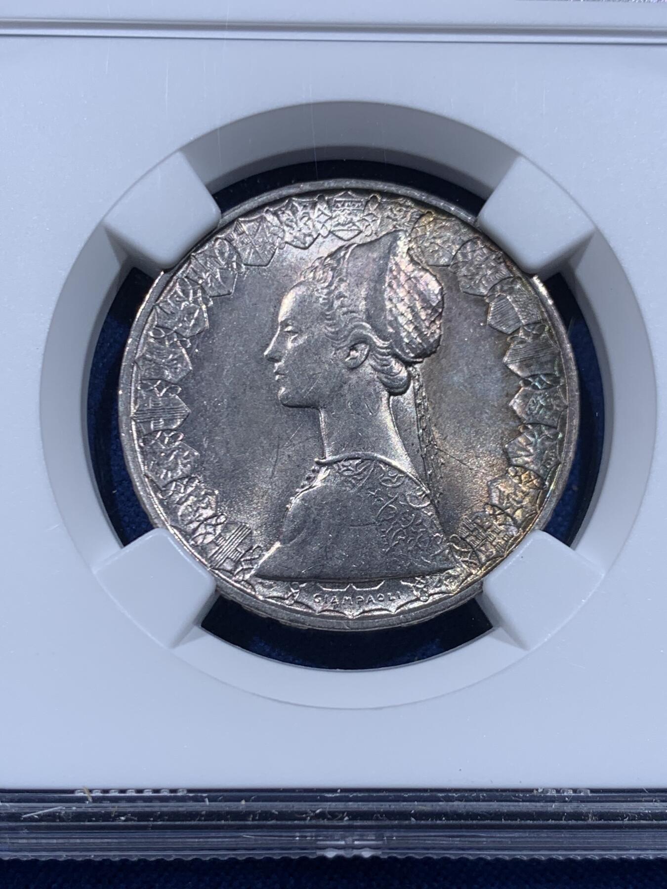 《竞宝斋》第446场 周日，周一，2场连拍 （全场包邮） NGC MS62 意大利1958年500里拉银币，该版500里拉首年份，经典人妻帆船设计，代表事业与爱情