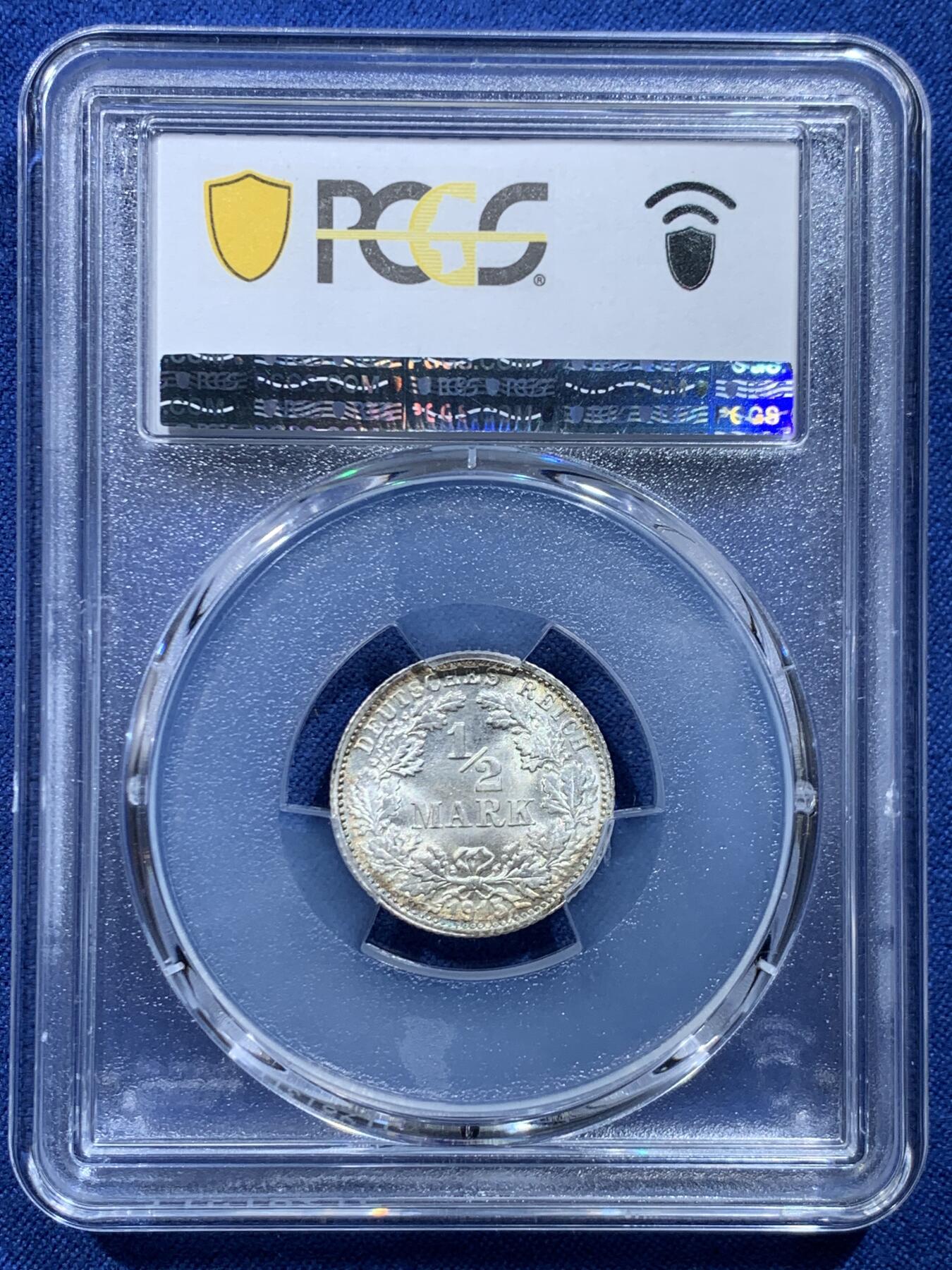 《竞宝斋》第446场 周日，周一，2场连拍 （全场包邮） PCGS MS67 德国1915年1/2马克银币 F厂铭 高分难得 强转光品相