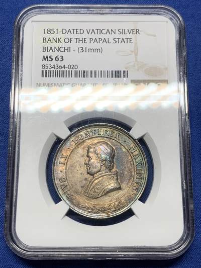 《竞宝斋》第446场 周日，周一，2场连拍 （全场包邮） - NGC MS63 梵蒂冈教皇国银行银章 31mm