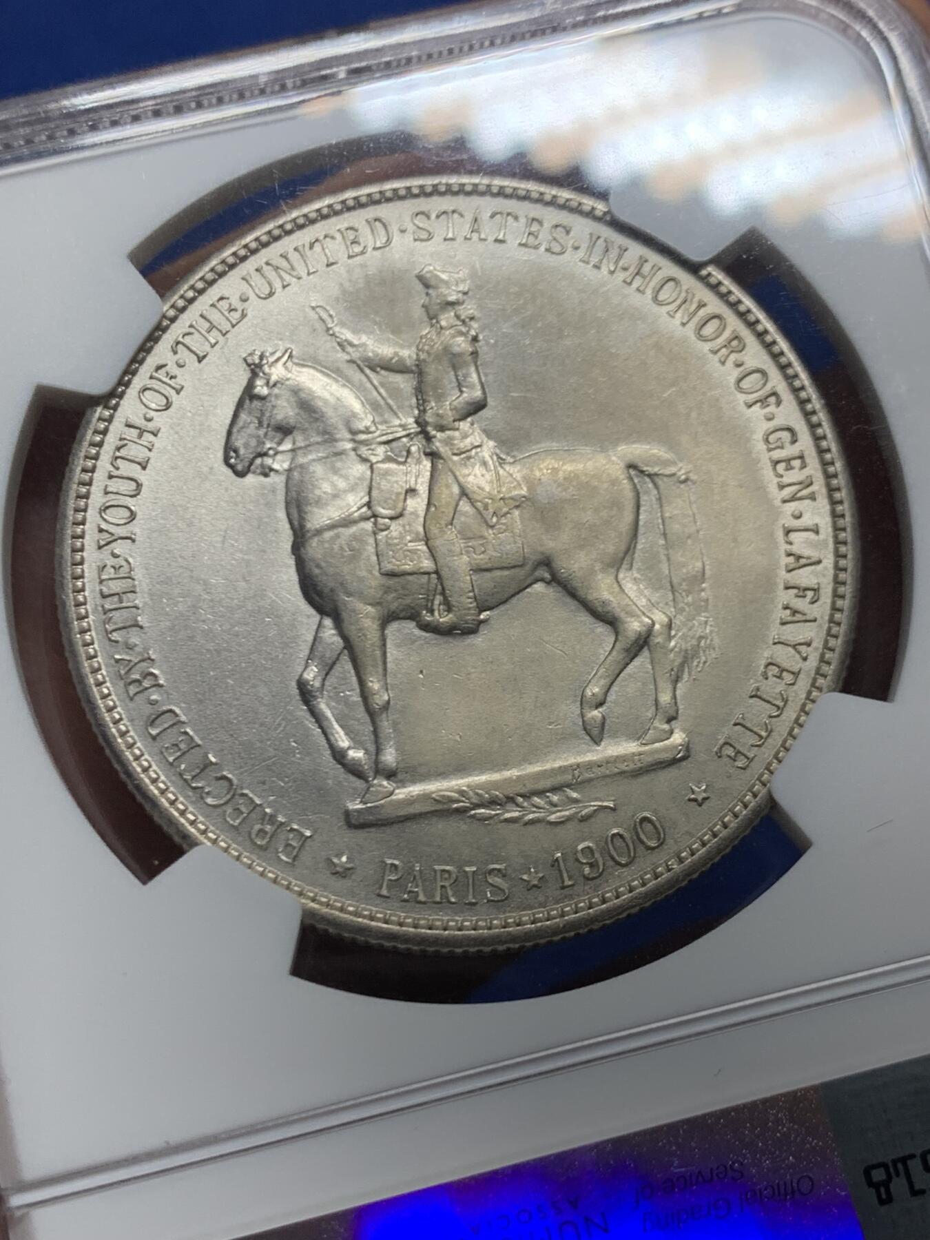 《竞宝斋》第446场 周日，周一，2场连拍 （全场包邮） NGC AUD 美国1900年拉法耶特一美元纪念银币，美国首枚纪念DOLLAR，名誉品种