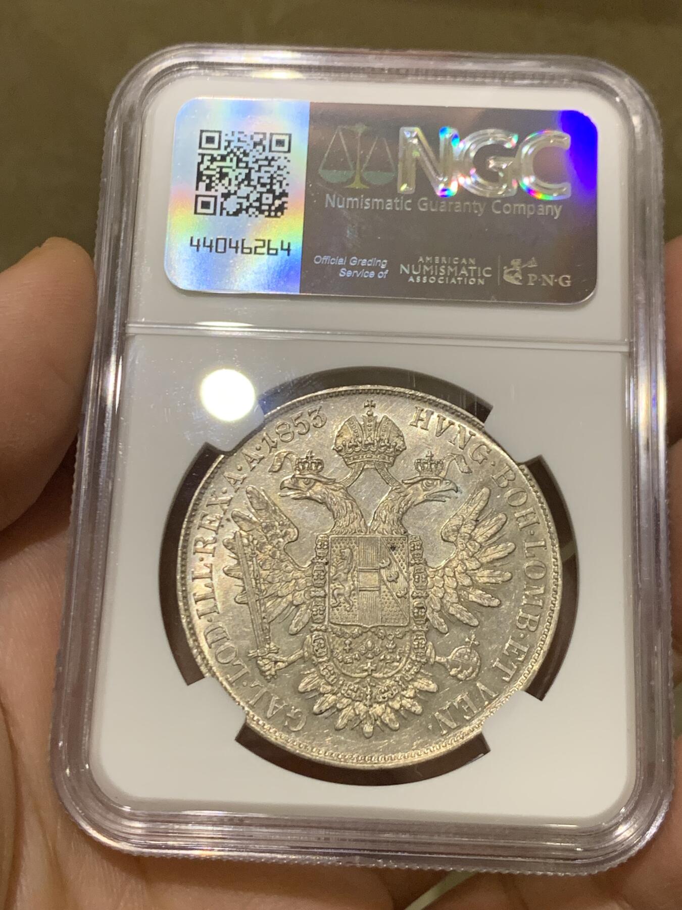 《竞宝斋》第446场 周日，周一，2场连拍 （全场包邮） NGC MS62 奥地利帝国1853年弗兰茨约瑟夫一世协议1泰勒 最稀少的头像版本 更高分只有4枚