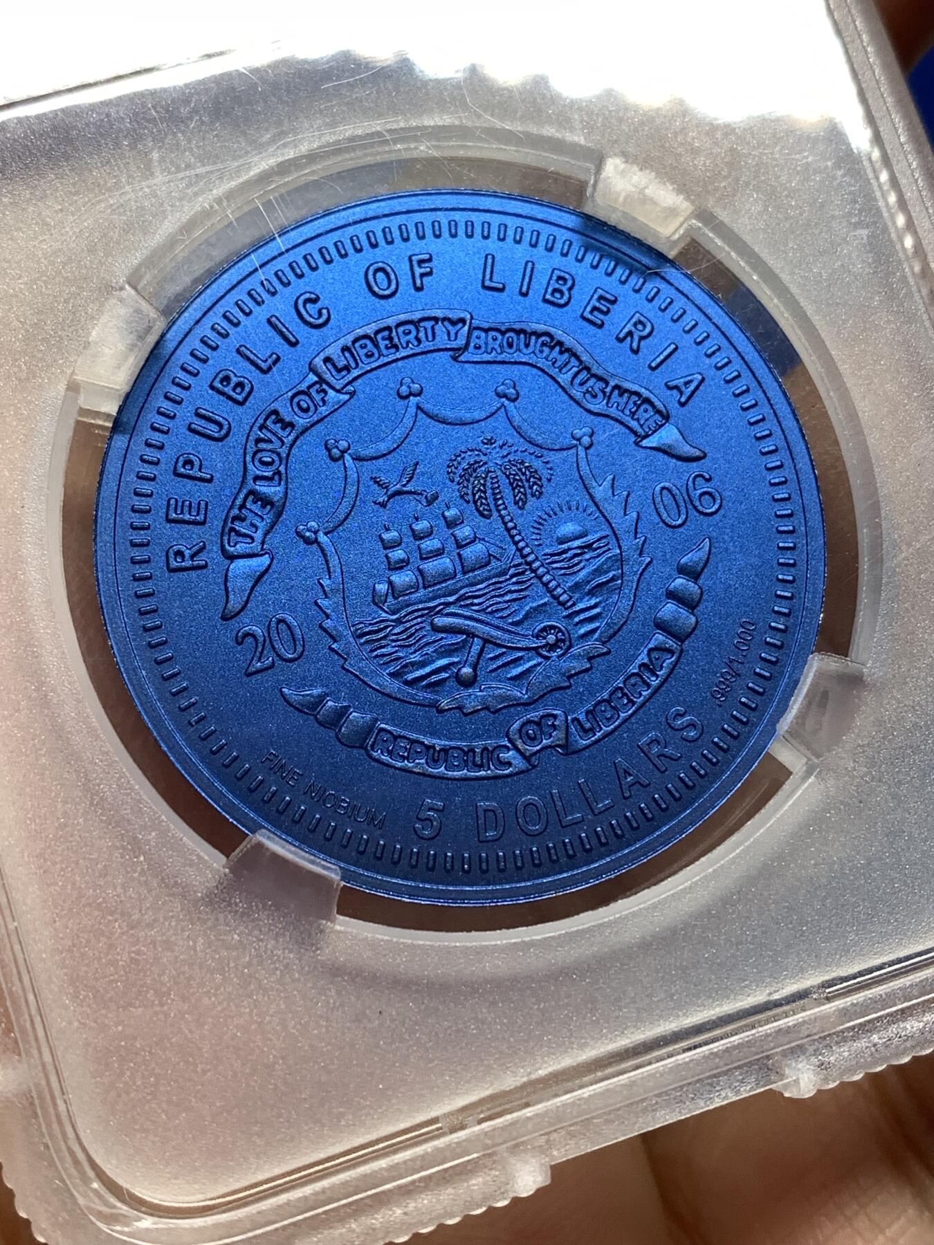 《竞宝斋》第446场 周日，周一，2场连拍 （全场包邮） TQG MS69 利比里亚2006年5元蓝铌币 欧元10周年纪念-马耳他 7.78克 发行量：1万