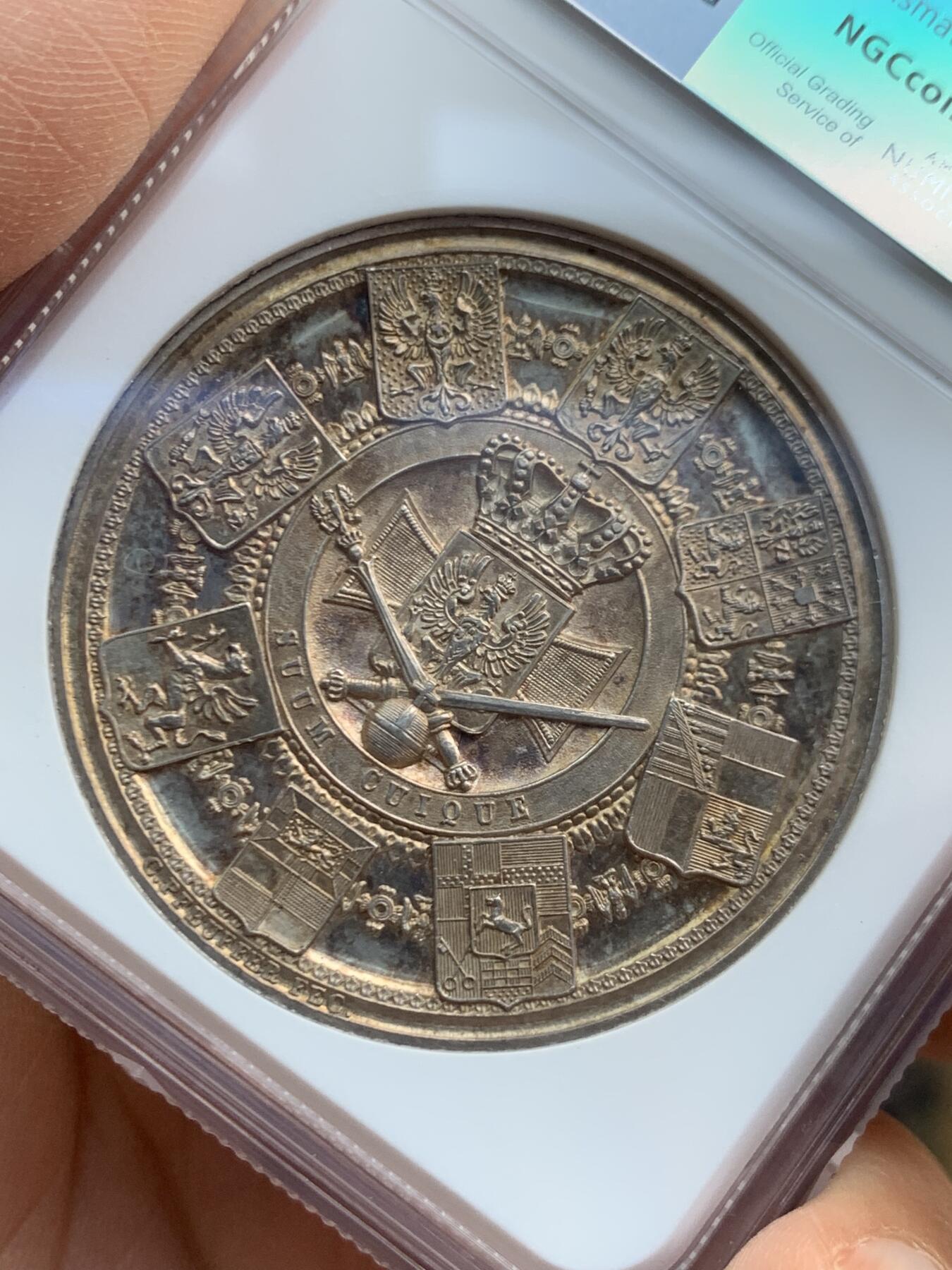 《竞宝斋》第446场 周日，周一，2场连拍 （全场包邮） NGC MS61 德国1861年普鲁士威廉一世登基加冕银章，稀见品种，整体金黄色包浆为主，细节均在，非常漂亮，分数有点可惜。