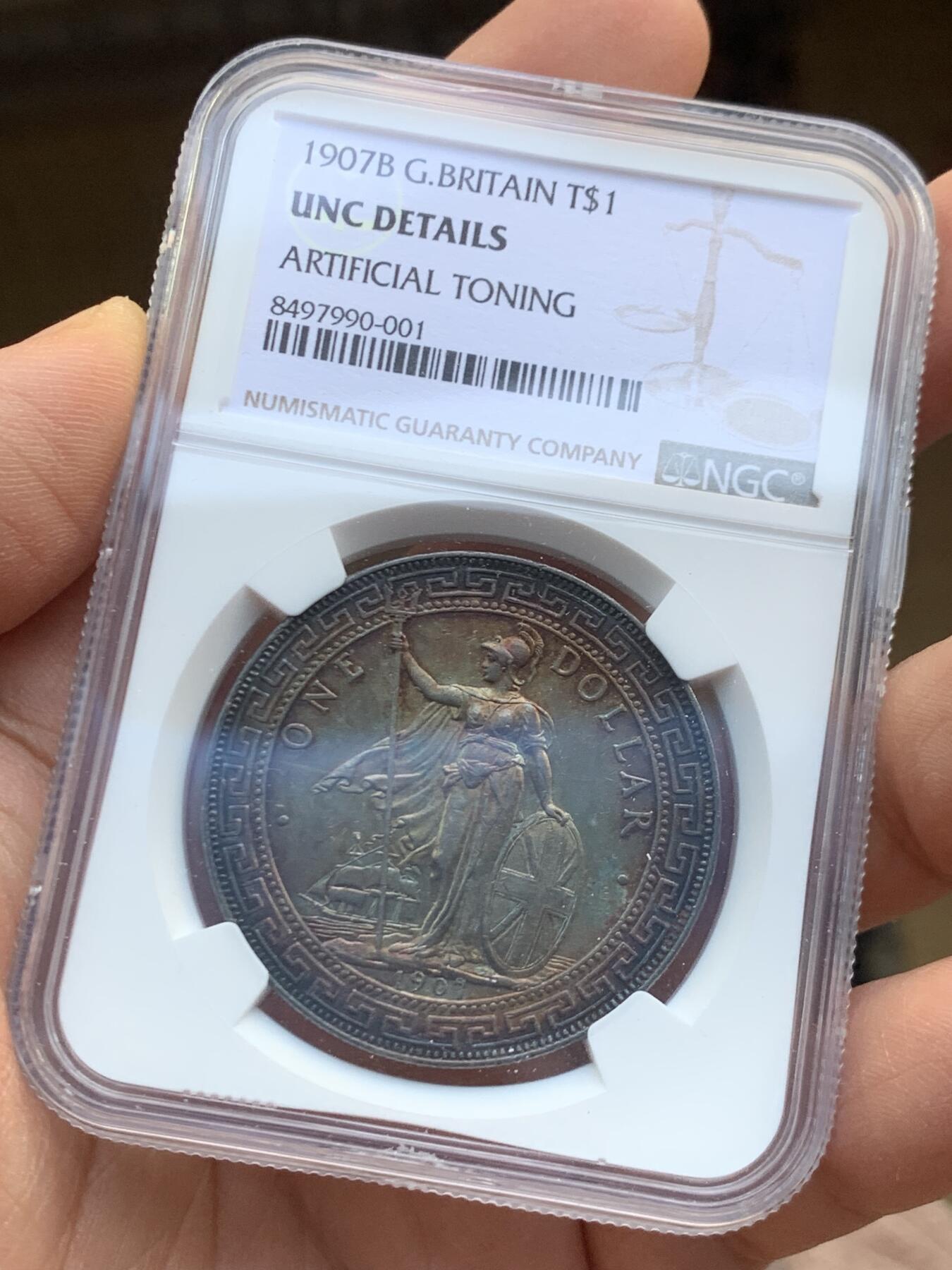 《竞宝斋》第446场 周日，周一，2场连拍 （全场包邮） NGC UNCD 英国1907B年站洋银币 包浆漂亮