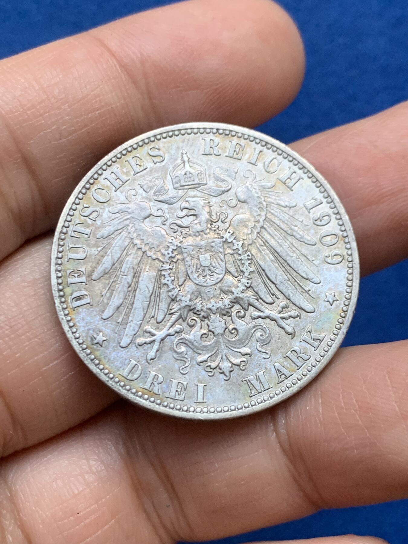 《竞宝斋》第446场 周日，周一，2场连拍 （全场包邮） 德国1909年汉堡双狮3马克银币 包浆漂亮