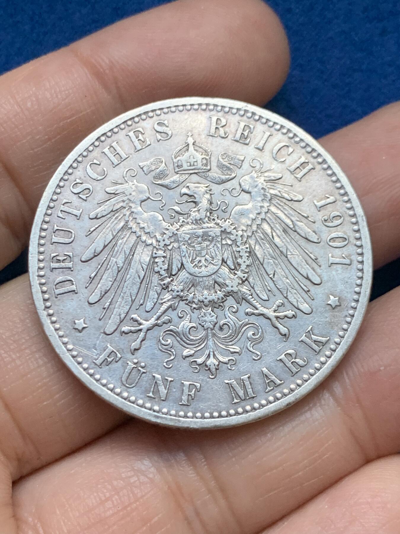 《竞宝斋》第446场 周日，周一，2场连拍 （全场包邮） 德国1901年普鲁士威廉二世5马克银币