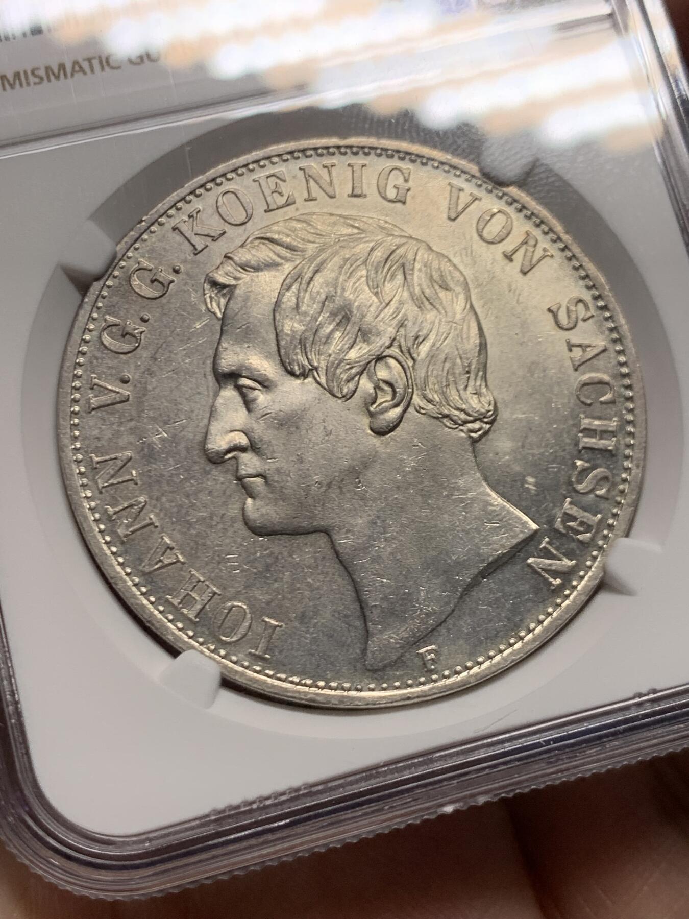 《竞宝斋》第446场 周日，周一，2场连拍 （全场包邮） 季军分 NGC MS62 德国 1855年 萨克森王国 约翰一世 2泰勒37克的大银币 仅发行两年 值得入手 手感十足