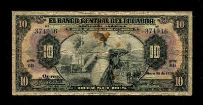 12月10号晚上8点 外国纸币自动截拍第71场 - 厄瓜多尔 10 苏克雷 1928年首发年份 首版 极少