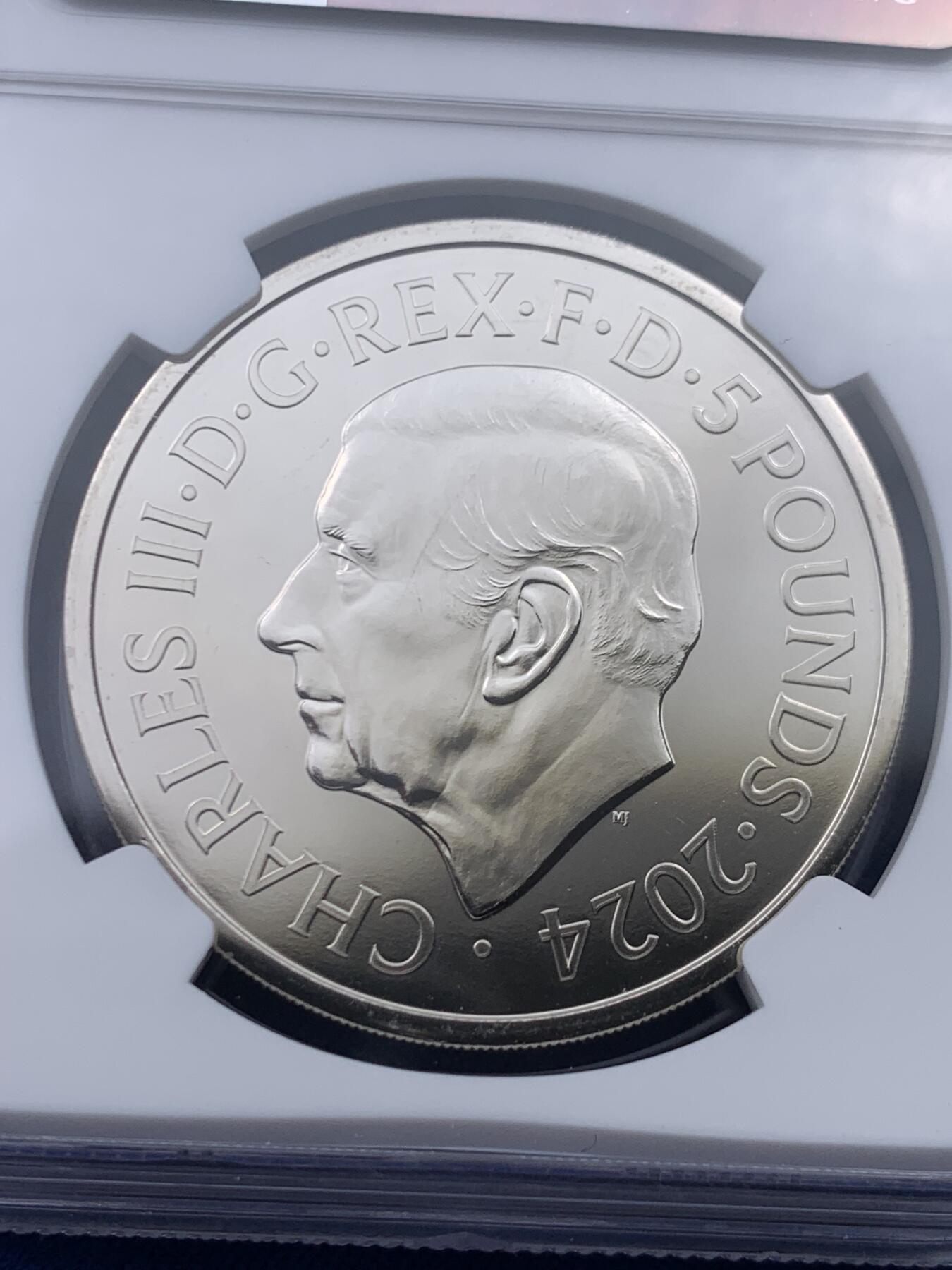 《竞宝斋》第446场 周日，周一，2场连拍 （全场包邮） NGC MS69PL 英国2024年龙年5英镑