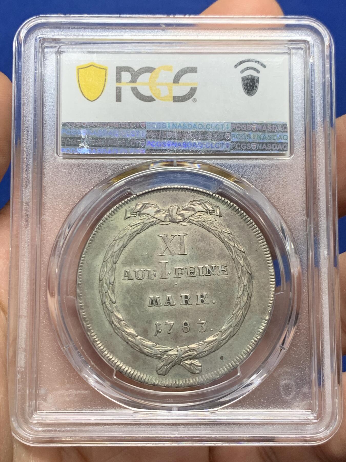 《竞宝斋》第446场 周日，周一，2场连拍 （全场包邮） PCGS AU53 瑞士1783年苏黎世双狮徽章1泰勒银币，原味状态稀少版本，克书XF标价625刀