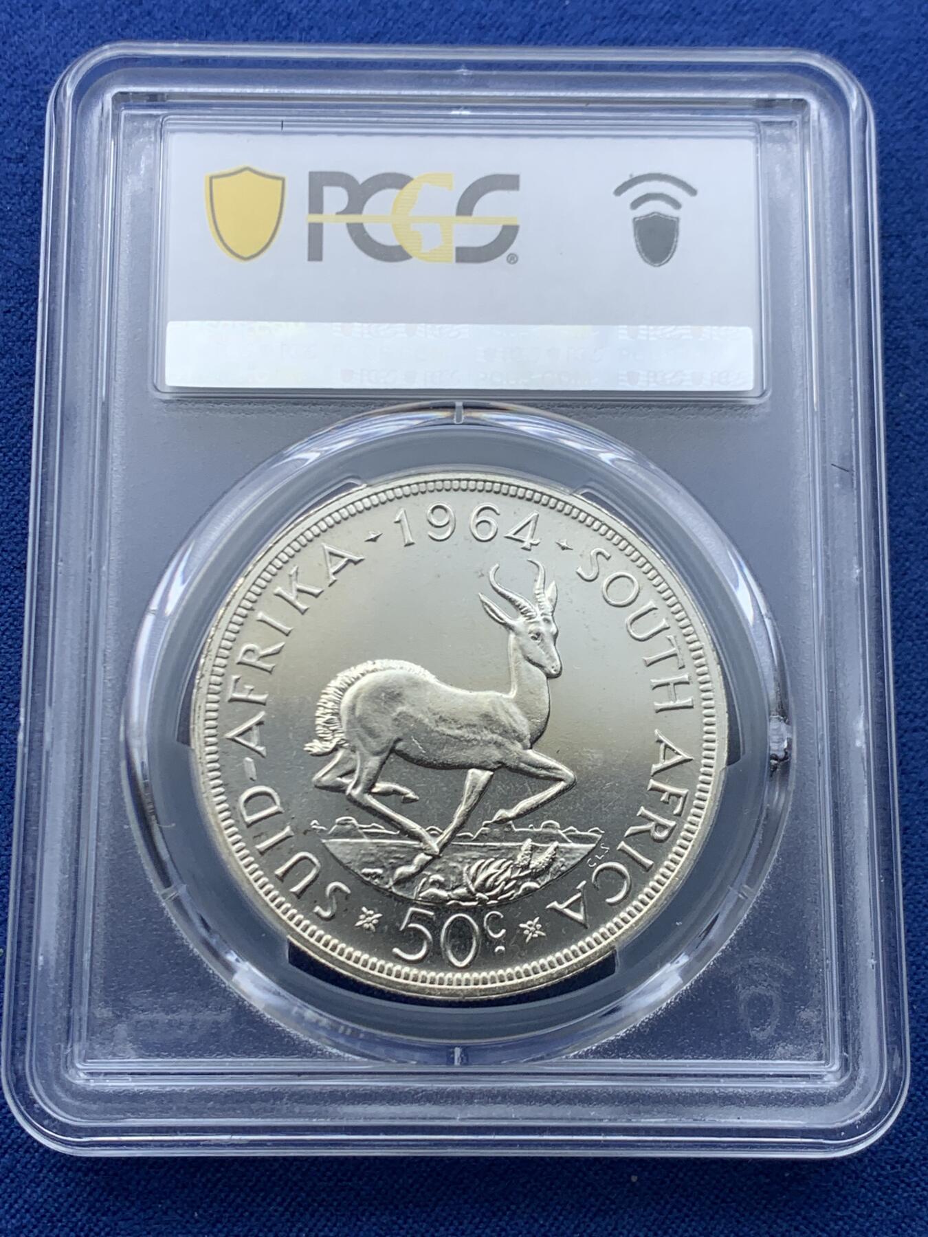 《竞宝斋》第446场 周日，周一，2场连拍 （全场包邮） PCGS PL66 南非1964年吕贝克跳羚羊50分银币，PL类精制，币面清爽干净又舒适，状态一流。