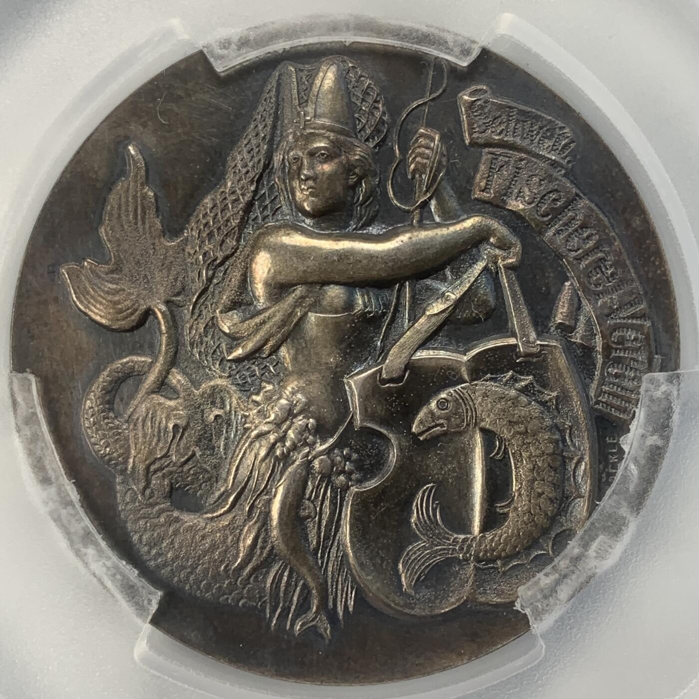 掌中浮雕-藏着的欧洲第045场 PCGS MS62 : 1894年瑞士钓鱼协会银章，55mm，图案精美